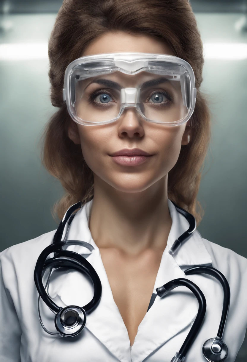 **A doctor in her uniform and her stethoscope staring into the camera. --v 4: 50** - (quase) --s 2