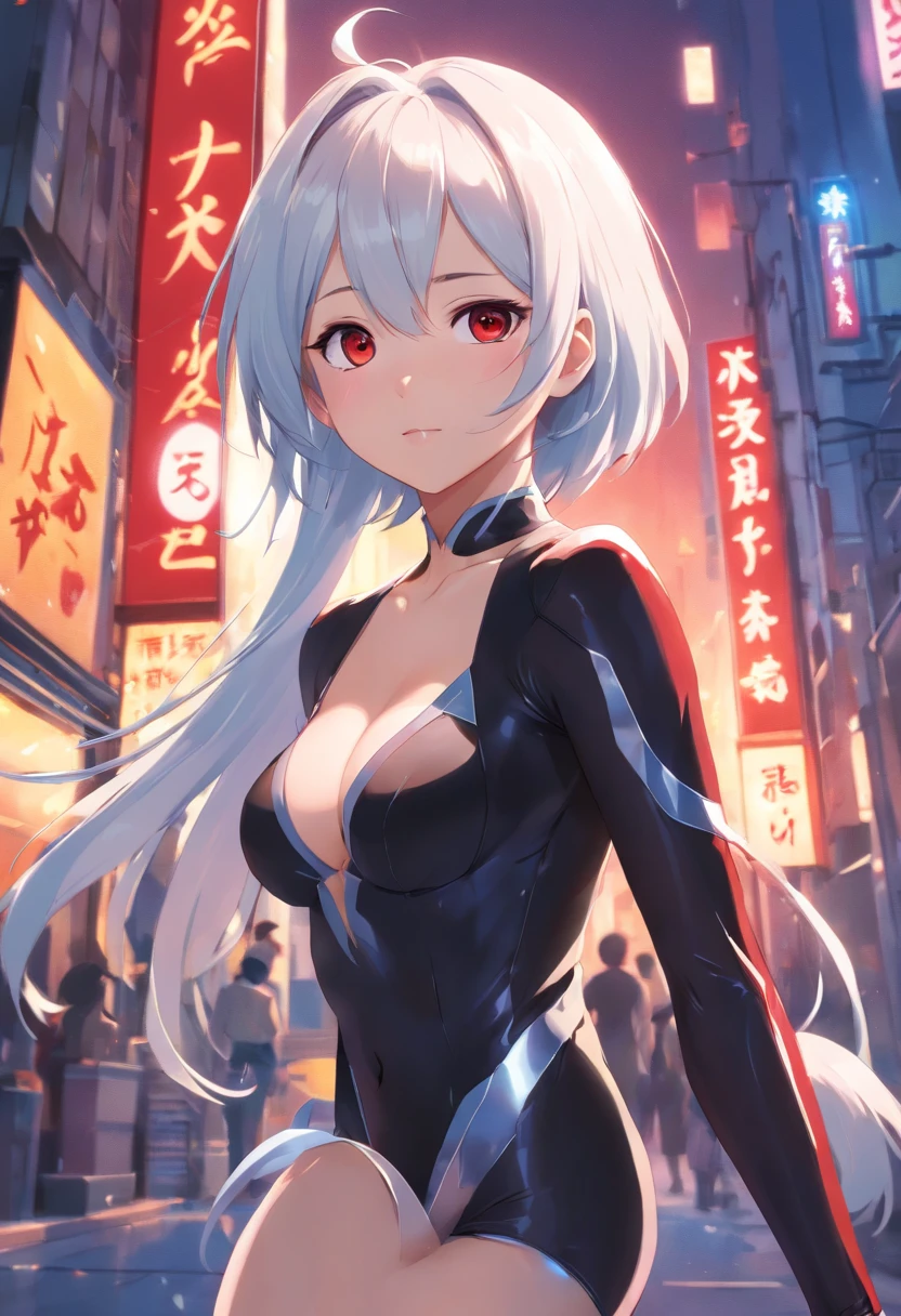 (best quality,ultra-detailed,realistic:1.37),female,white hair,red pupils,black horns,skimpy leotard,face mask,wide hips,big breasts,pointed tail,high heels,fiery background,dark atmosphere,vivid colors,lit with moonlight