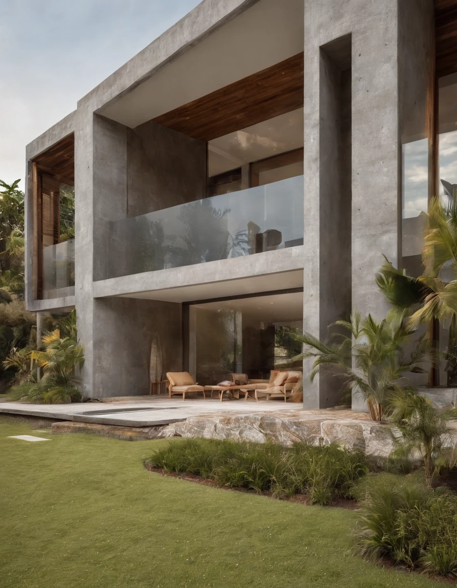 African symbols, casa um andar above collun de com15m2, com telhado estilo cabana alpina, with sustainable architecture with precast elements in steel structure with apparent irons, com a frente orientada pela fachada. moderno, Minimalist and organic design, with the work of bright bricks amaizing white and random gray degrade on the walls, com grandes janelas e portas pretas que permitem que a luz natural entre na casa e quintal com gramado exuberante lot arvores, sustentabilidade, tecnologia do futuro, architectural creativity, nova cultura, Self-sufficiency, The golden ratio, a beautiful building in the middle of the image, um fundo desfocado, a building, espalhar, cores naturais, cores calmas, master part, arte, BETTER RESOLUTION, (muito detalhado)