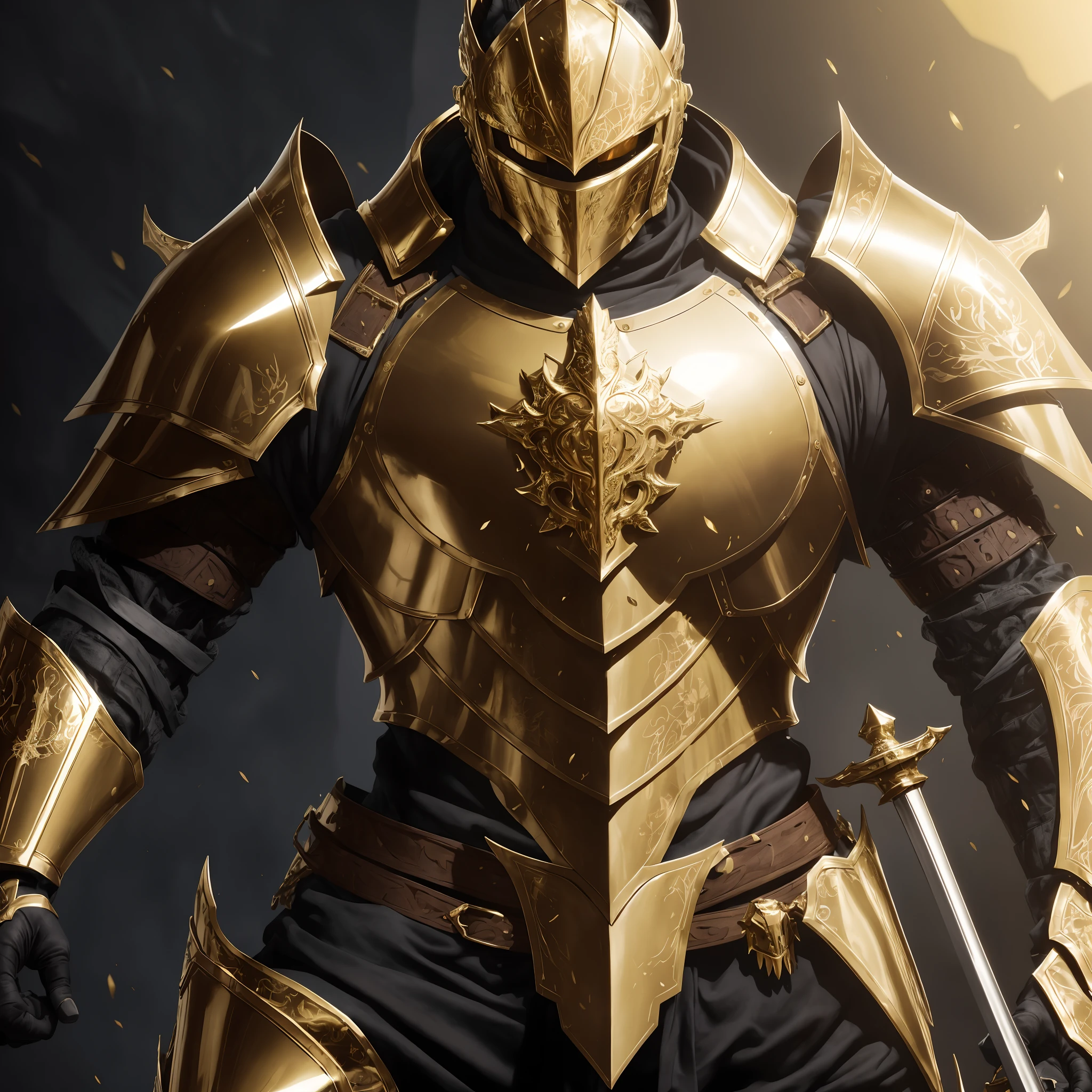 Full body, portrait of a man in armor with a golden sword, heavy armor. dramatic, stunning armor, golden armor, detailed fantasy armor, black and golden armor, beautiful armor,  fantasy armor, intricate golden armor, fantasy warrior in full armor, sleek armor, very stylish armor, black and gold armor