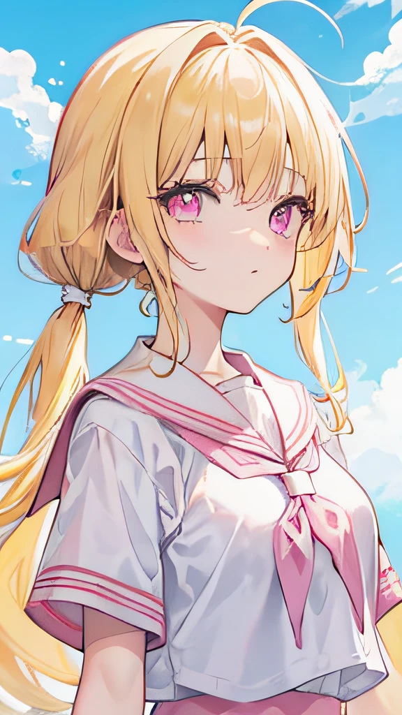 Light yellow hair，pigtails，Pink eyes，Pink pupils，teens girl，JK school uniform，the sky background