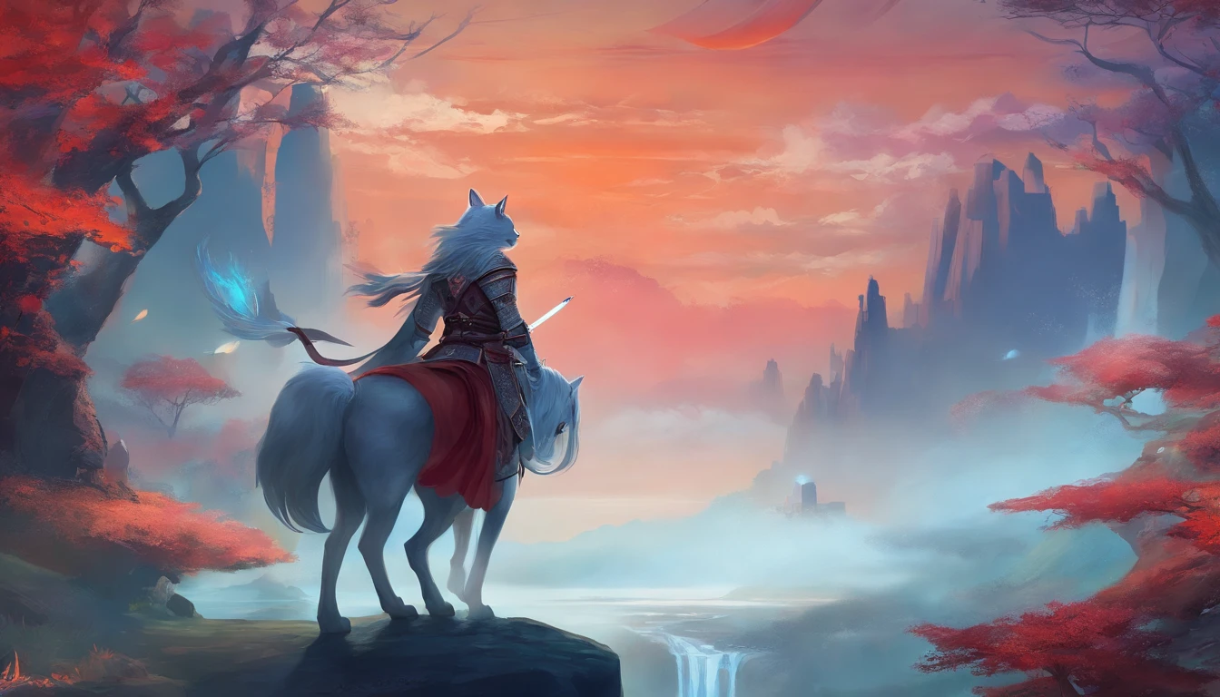 Obra maestra, La mejor calidad, 4k,gato color blanco de ojos azules con traje de samurai rojo,montando un hermoso caballero blanco entre medio de un hermoso bosque.