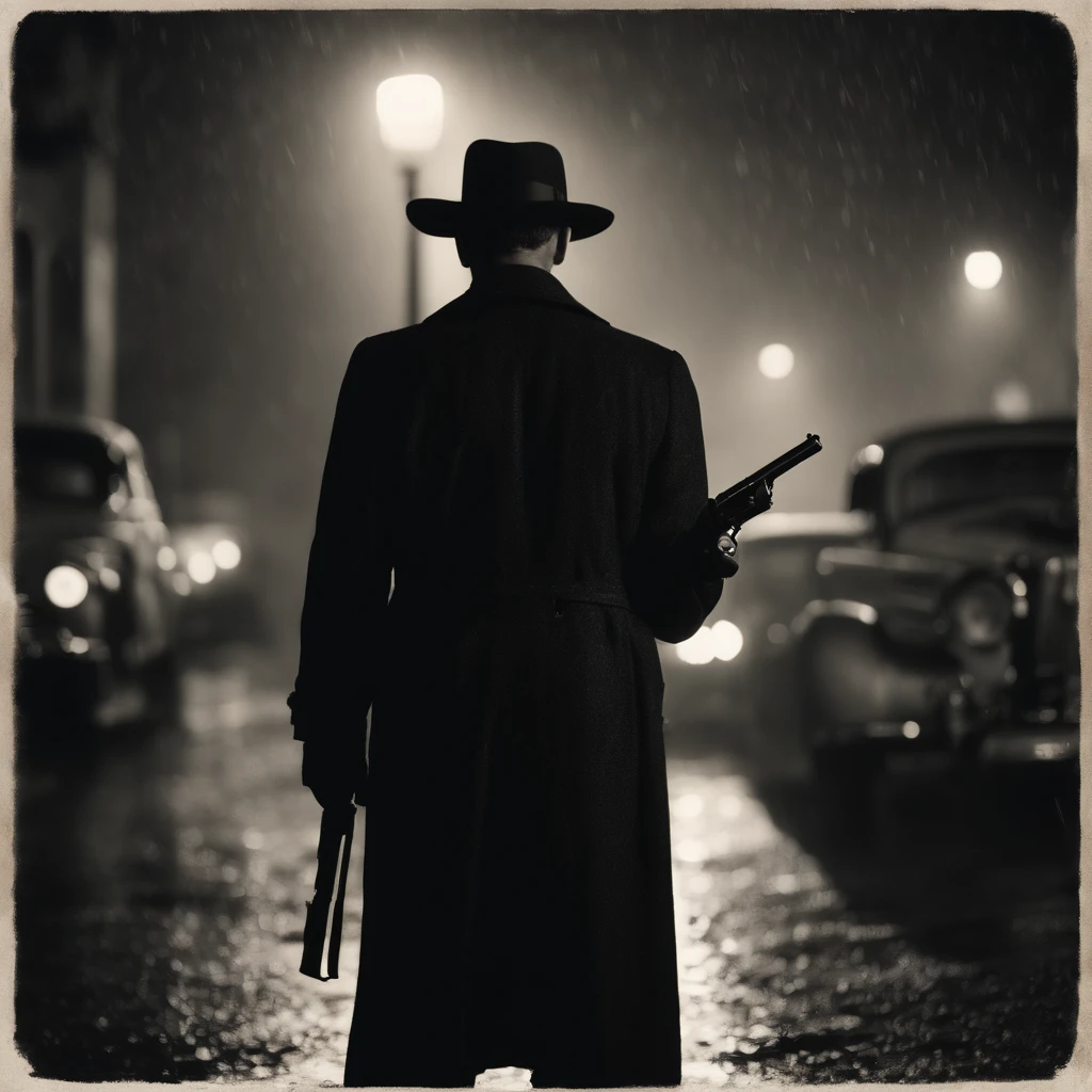 calle de noche, (Film Noir style), (acabado realista),A man stands in the middle of the street and holds a gun, it's raining