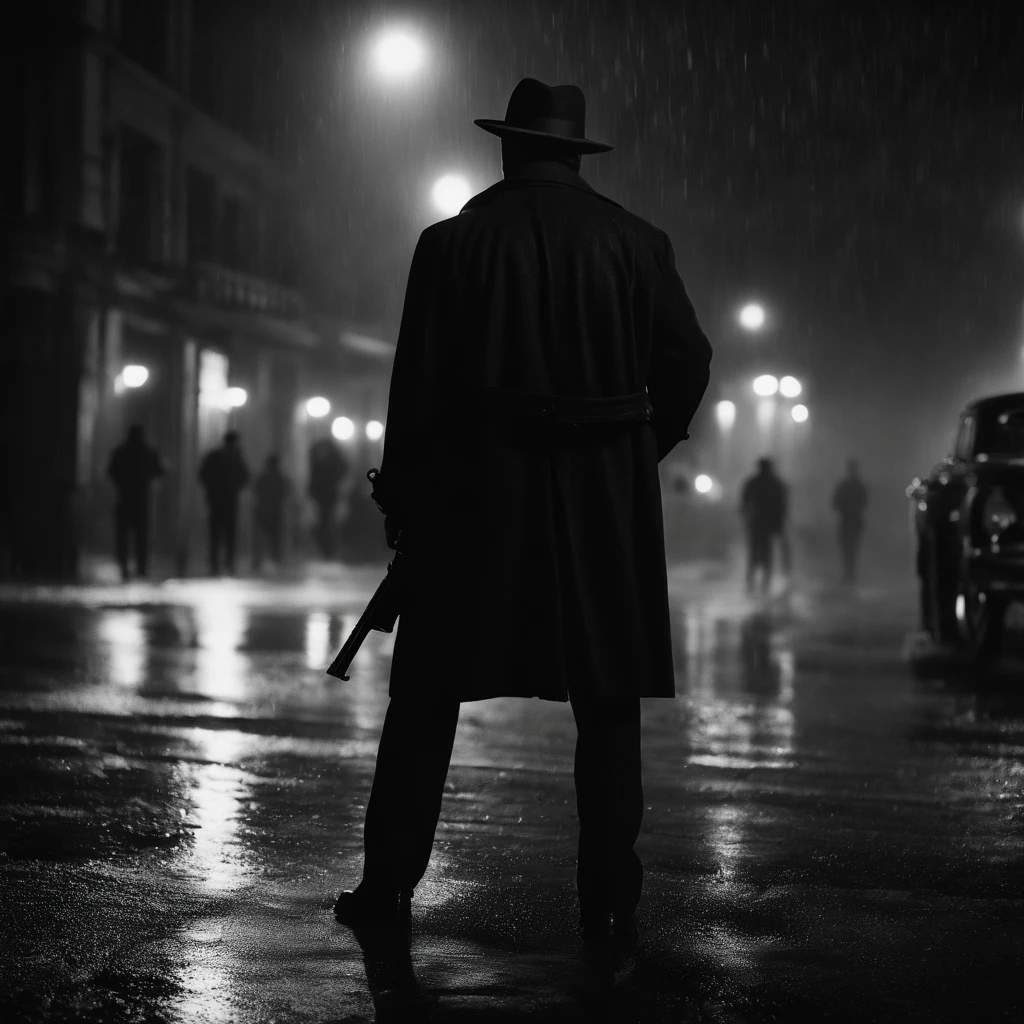 calle de noche, (Film Noir style), (acabado realista),A man stands in the middle of the street and holds a gun, it's raining