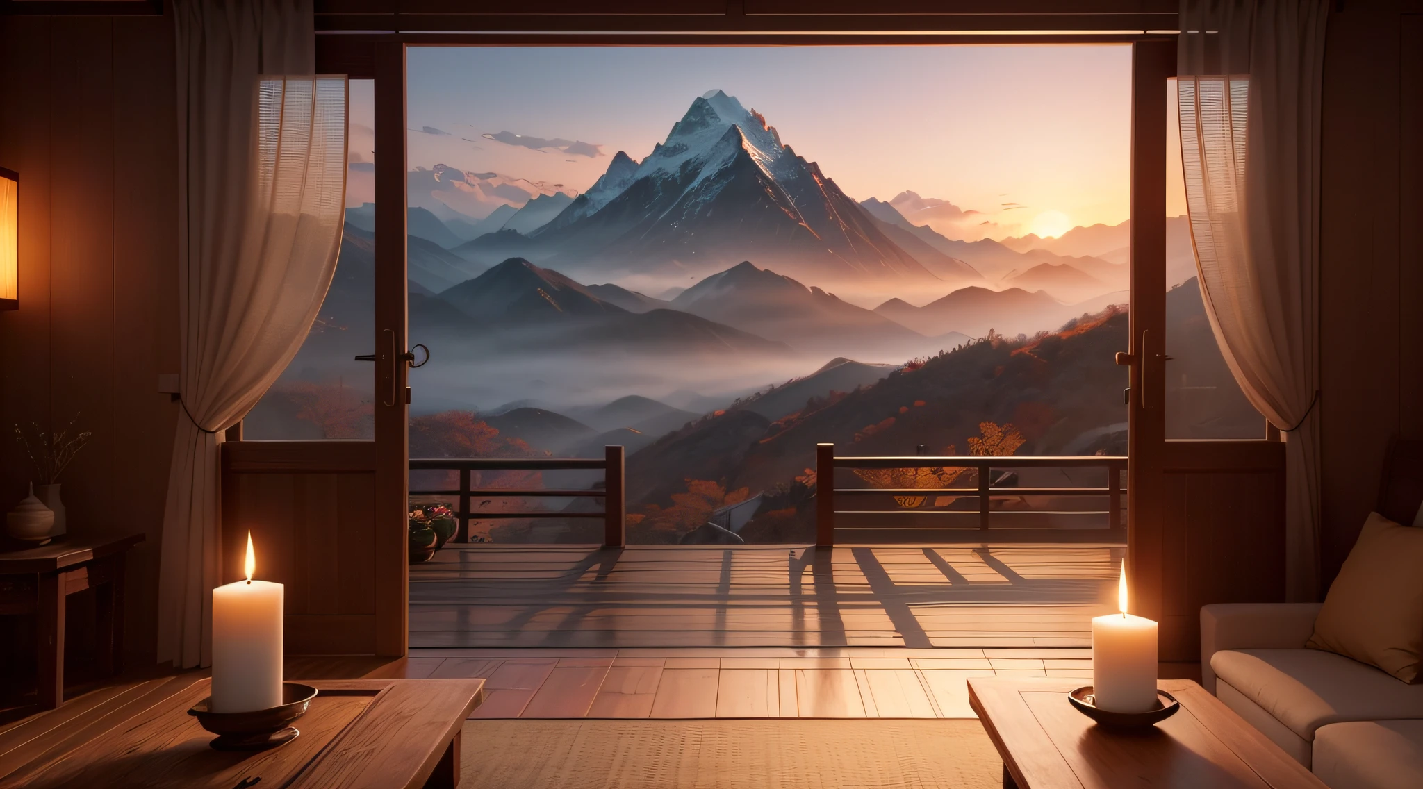 There are several candles on a low table in the middle of the room with a view of the mountains with a slight mist, Scenic sunset, relaxing concept art, Traditional Korean Houses, High-end hot springs, Hanok in the mountains, anime landscape concept art, 8K resolution digital painting, animation background art