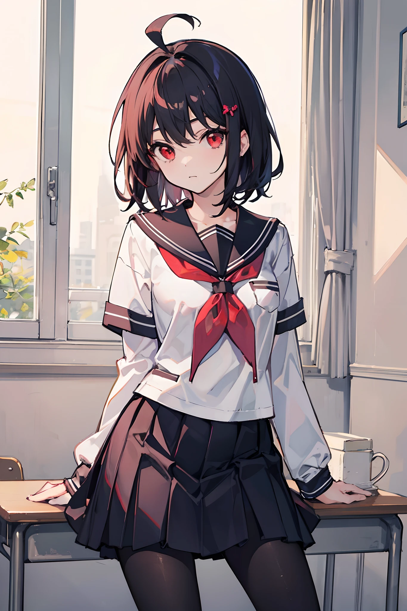 Masterpiece, Best quality, a beauty girl, Medium hair, Black hair, ahoge, Red eyes, Black pantyhose, school uniform,