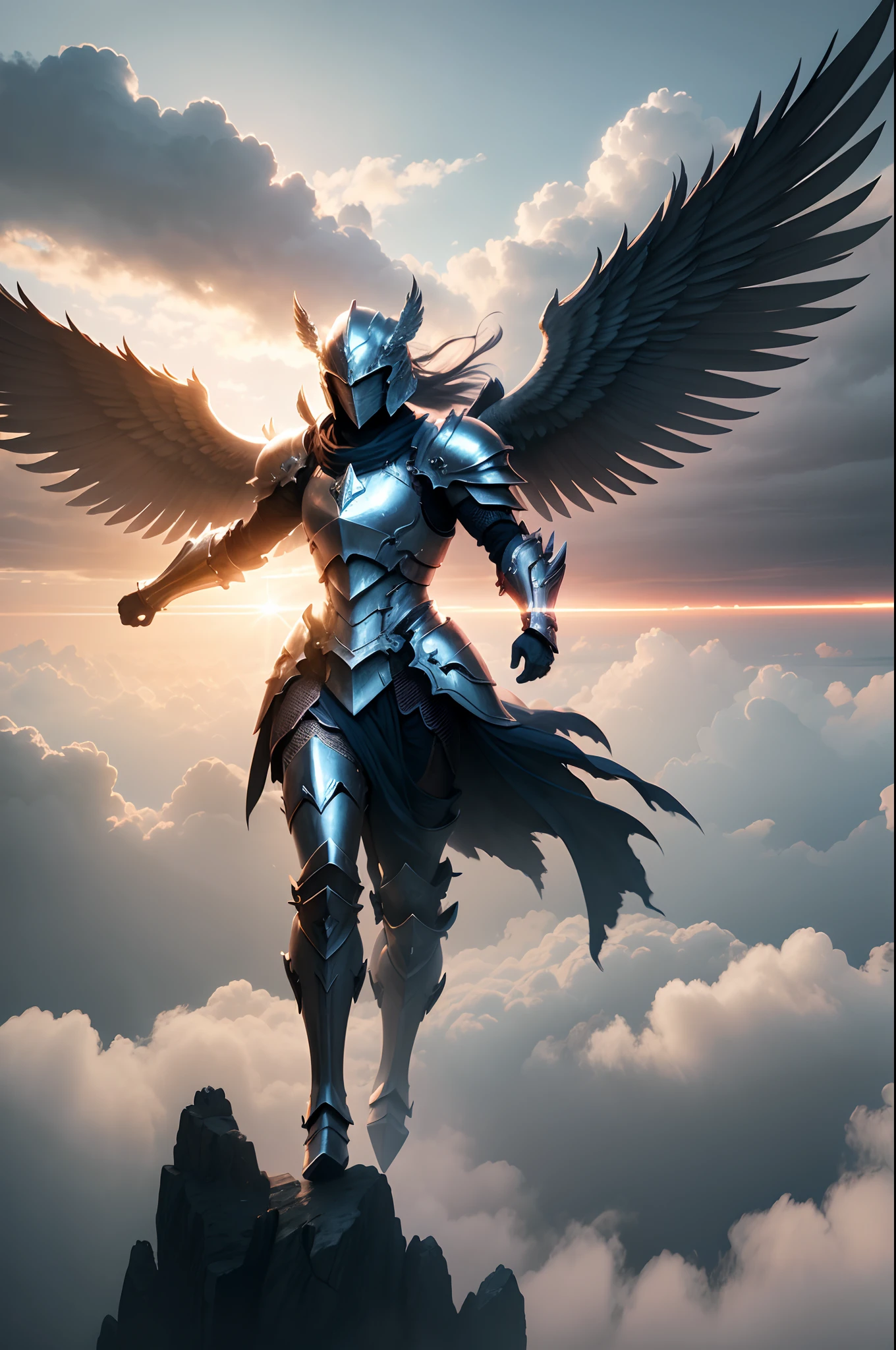 (4K, Cinematic Light Effects,) Sky, powerful six-winged angel (suspended in the air), armor, shield sword, battle stance, cloudy sky, sunlight shining through the gaps in the clouds, fog --auto