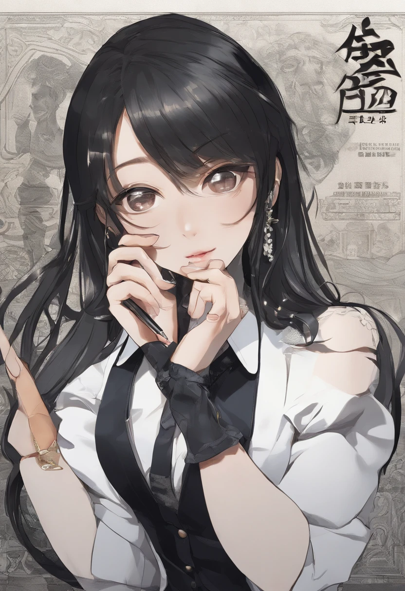 Wearing black leather gloves on both hands, Upper body, Black business suit, Facing a desk in a modern study in the dark, Looking down, Smiling, Use a fountain pen to write a letter, long, Straight black hair, Japan female new employee with young and cute face (Black leather gloves cover both hands)