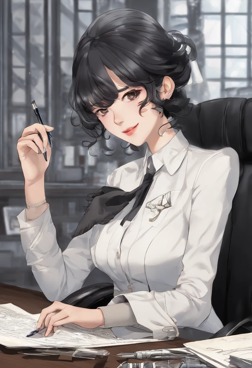 Wearing black leather gloves on both hands, Upper body, Black business suit, Facing a desk in a modern study in the dark, Looking down, Smiling, Use a fountain pen to write a letter, long, Straight black hair, Japan female new employee with young and cute face (Black leather gloves cover both hands)