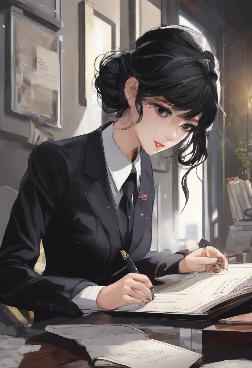 Wearing black leather gloves on both hands, Upper body, Black business suit, Facing a desk in a modern study in the dark, Looking down, Smiling, Use a fountain pen to write a letter, long, Straight black hair, Japan female new employee with young and cute face (Black leather gloves cover both hands)