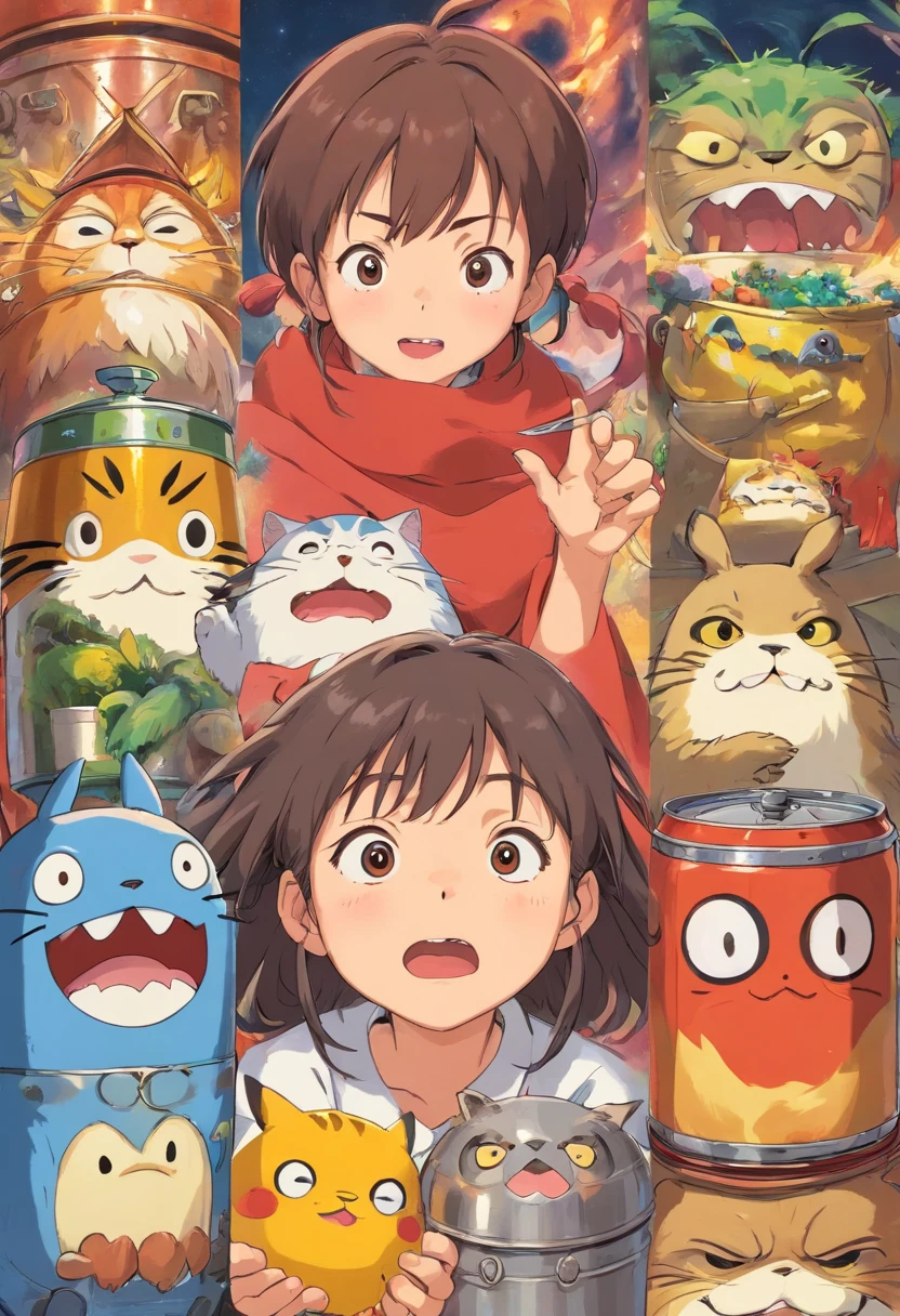 huge maneki neko, cute monster, sharp teeth, claws, eating people, crushing houses, traditional japanese architecture,