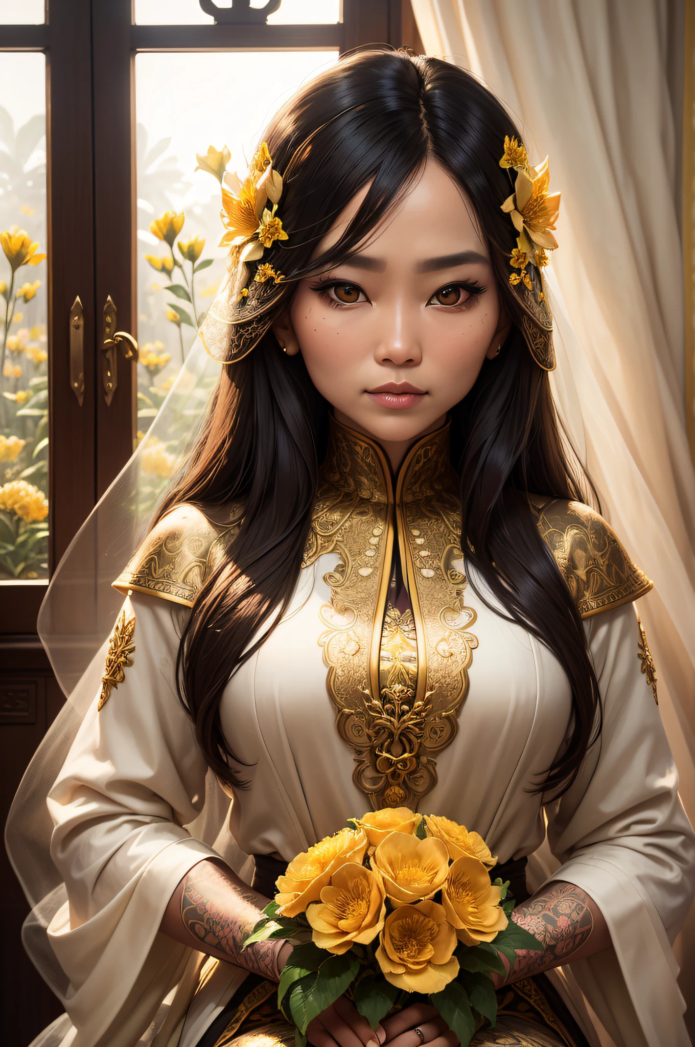 portrait of a regal beautiful Malaysian woman weared long-sleeve high neck dress near the window, (many flowers:1.2), soft light, golden hour, upper body, hdr, 4k textures, natural skin texture, skin pores, intricate, highly detailed, sharp focus, insane details, intricate details, hyperdetailed, hyperrealistic, by Lillian Bassman