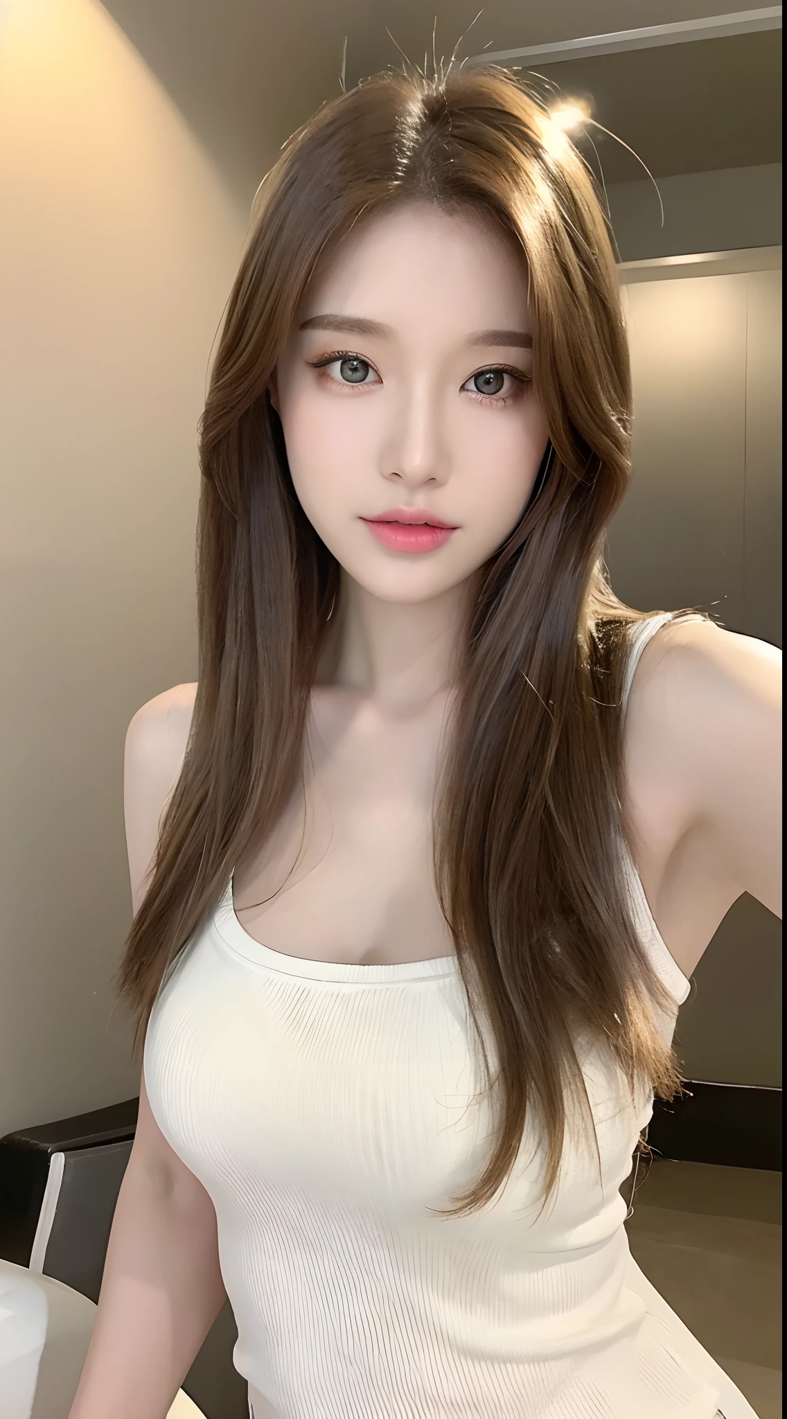 ((night view, realistic light, Best quality, 8K, Masterpiece: 1.3)), 1 girl, Beautiful woman with a slim figure: 1.4, (Brown hair, medium breasts: 1.3), off shoulder top: 1.3, sofa, super detailed face, detailed eyes, double eyelids