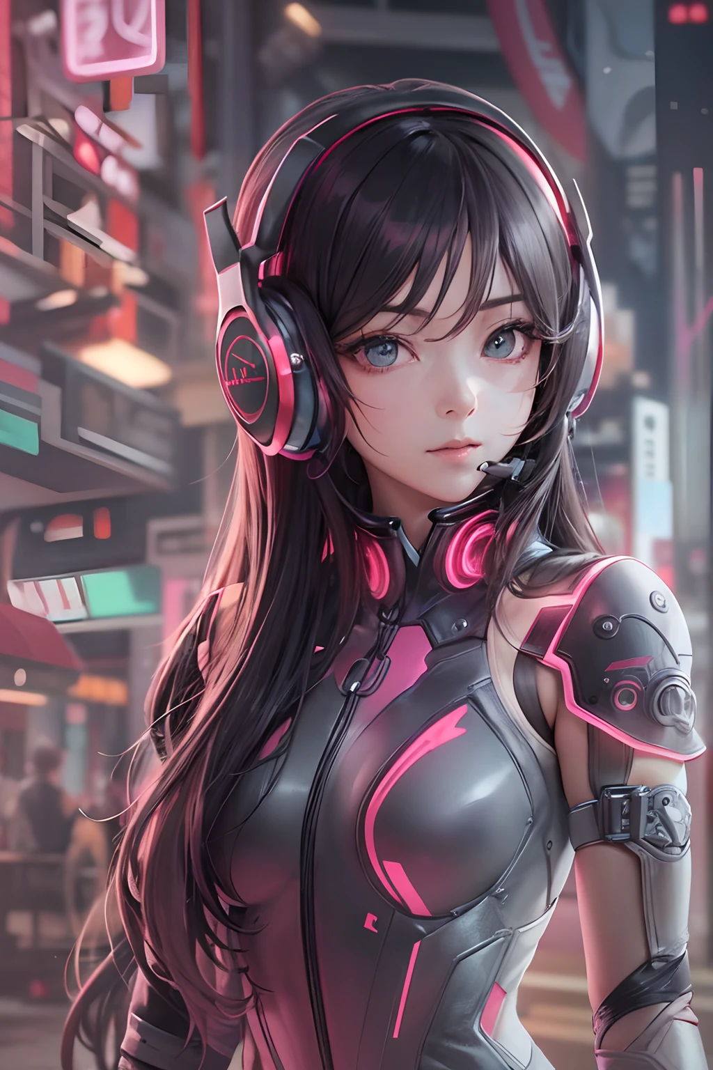 ​masterpiece, 1 beautiful girl, Detailed eye, Swollen eyes, top-quality, 超A high resolution, (reality: 1.4), 电影灯光, japanes, a asian beauty, very extremely beautiful, lovely、Beautiful skins, A slender, Forward-facing body, (A hyper-realistic), (hight resolution), (8K), (ighly detailed), ( Best Illustration), (beautifully detailed eyes), (ultra-detailliert), 详细的脸, Bright lighting, Professional Lighting、The background is a cyberpunk room with many monitors...........、The cord is connected from the costume、Long Hair Color Pink、headset on head、small tattoo on face、nffsw、gazing at viewer