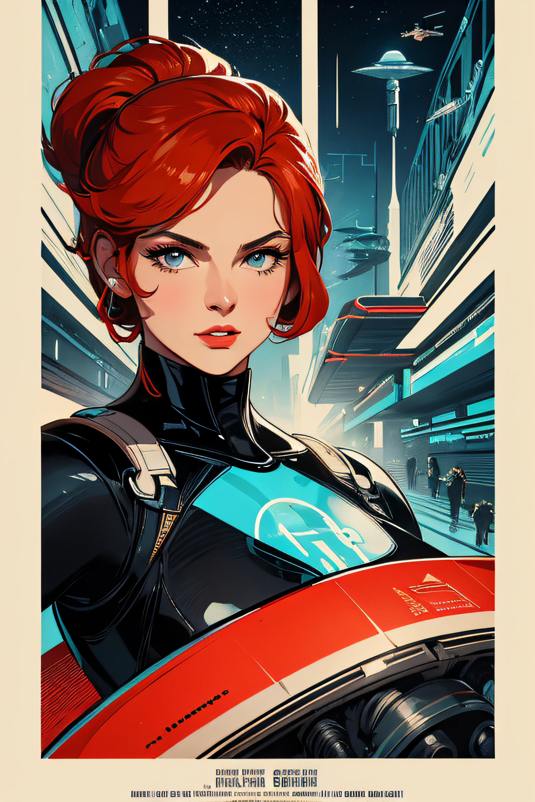 (Masterpiece, Best Quality), 8k Wallpaper, highly detailed, poster, vintage science fiction, 1960s, sexy female space thriller cinematic movie poster, Bauhaus, shapes, lines, abstract, propaganda, mid century modern, movie poster, vintage,