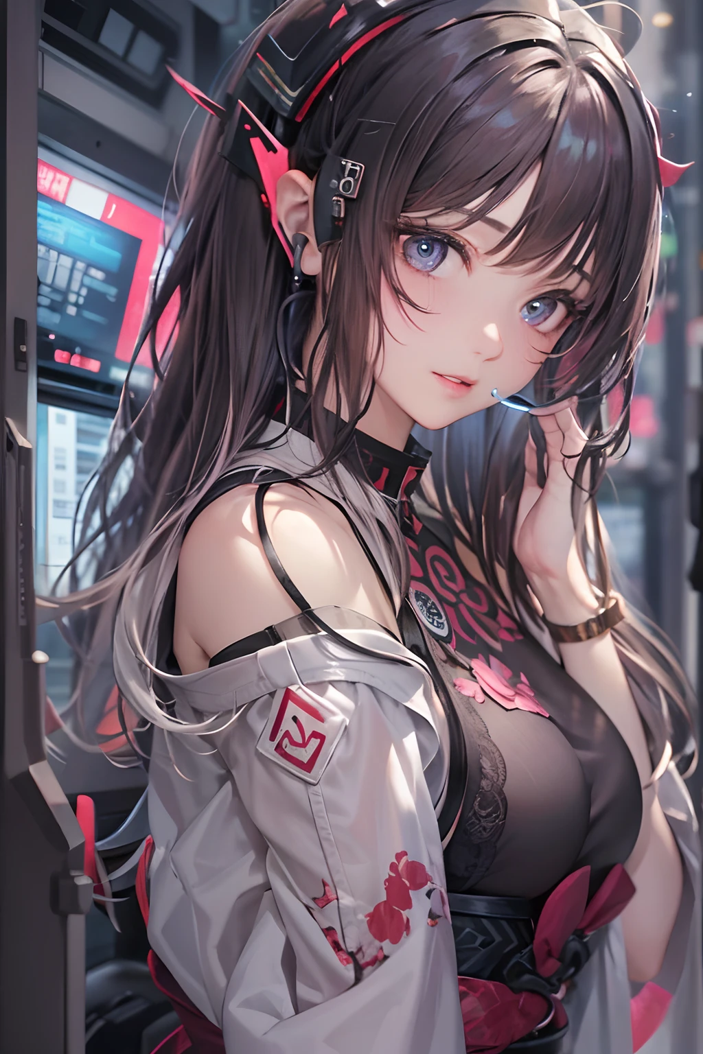 masterpiece, 1 beautiful girl, Detailed eye, Swollen eyes, top-quality, 超A high resolution, (reality: 1.4), 电影灯光, japanes, a asian beauty, very extremely beautiful, lovely、Beautiful skins, A slender, Forward-facing body, (A hyper-realistic), (hight resolution), (8K), (ighly detailed), ( Best Illustration), (beautifully detailed eyes), (ultra-detailliert), 详细的脸, Bright lighting, Professional Lighting、The background is a cyberpunk room with many monitors...........、The cord is connected from the costume、Long Hair Color Pink、headset on head、small tattoo on face、nffsw、gazing at viewer