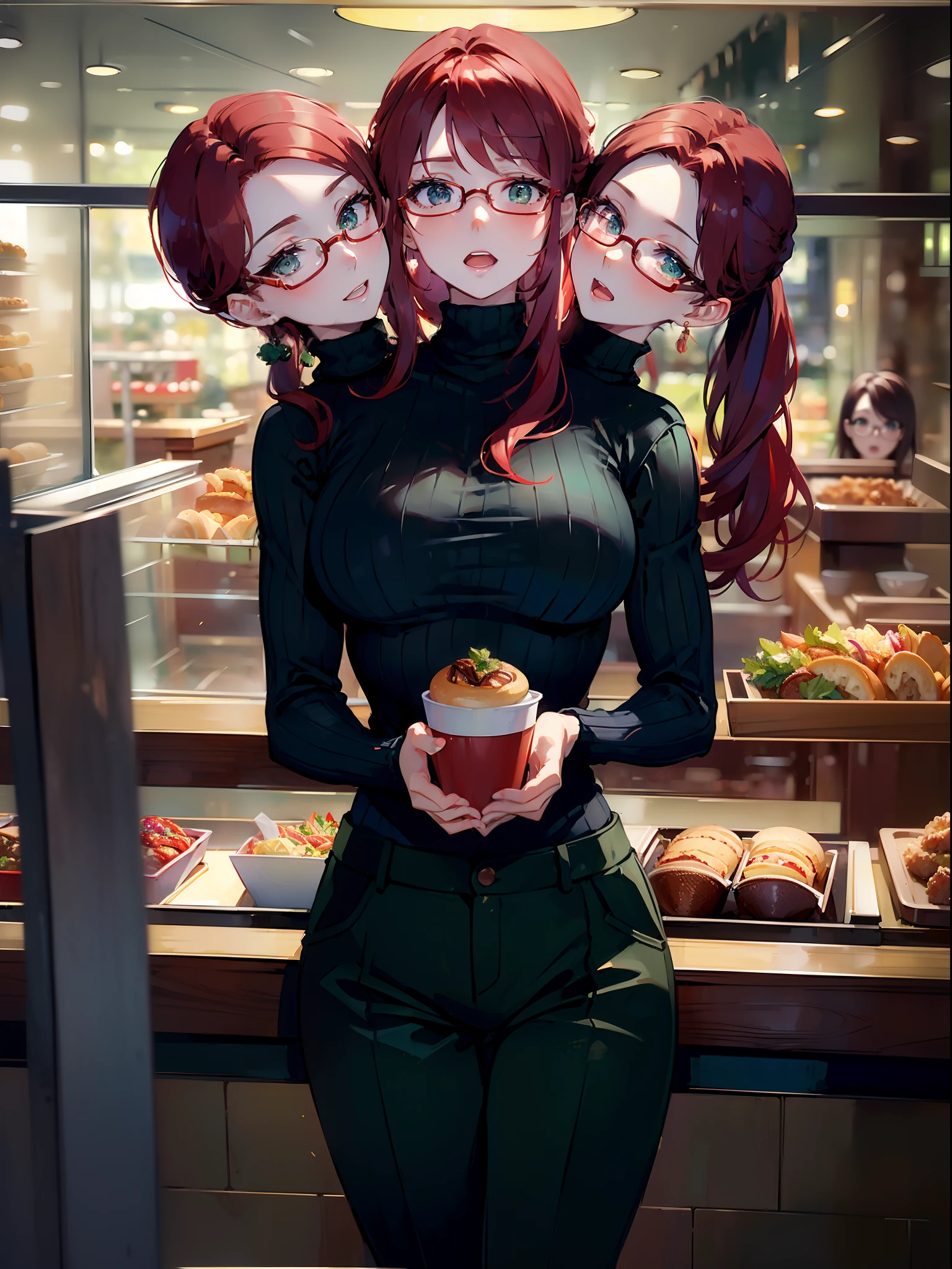 (masterpiece, best quality), best resolution, (3heads:1.5), 1girl, red hair, green eyes, three pairs of glasses, open mouth, trying to decide what to order, thinking, contemplative, black turtleneck sweater, blue long pants, standing in line, fast-food restaurant, glass doorway in background