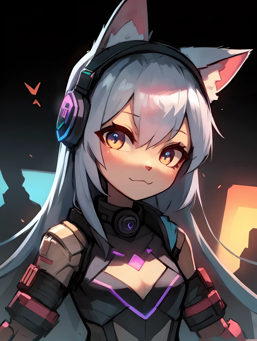Cyberpunk girl with pink long hair,Q version,(toddlers,Baby), adolable, cyberpunked, Cat Ear Headphones、Master masterpieces, hight resolution,8K,detailedbackground,hightquality,(((独奏))),looking at viewert,angle of view,From above,Dreams,Magical,baiyun,(Warm light source:1.2),Light steppe、Cyberpunk costumes、Cute Cyberpunk Girl