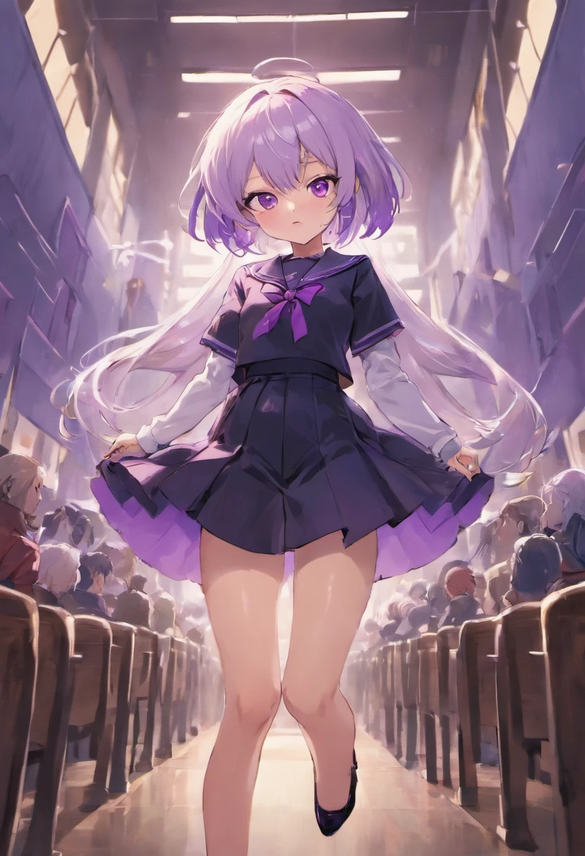 Realistic, 1girll, ((full body Esbian)), Sexy,Pretty Face, White hair, Purple eyes,Sexy legs,(School uniform), Black High Heels,Black school uniform, (Black skirt), Parted Lip, blush, Night, possessed, 耳Nipple Ring,