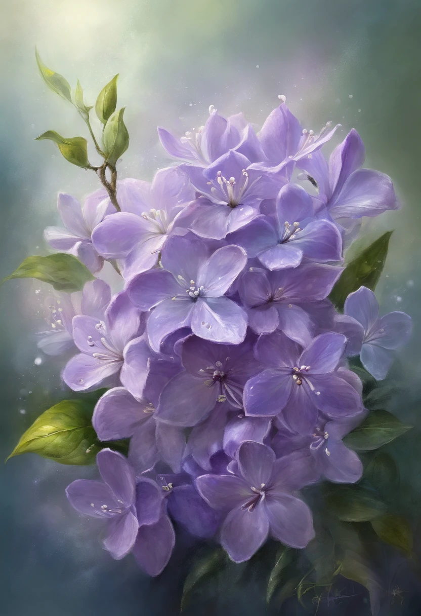 ,Bouquet of delicate lilac flowers, super transparente, luz santa, luz espectral bonita, petals glow, piscando, fundo escuro, gotas de luz transparente, luz reflexiva, brilhante, luz fluindo em, Optics, perfil retrato, foco nítido, magica, intrincado, ultra realista, fantasia, compositing, luz, trending in artstation, pearl, nuvem patronus de vapor prateado, family of corrosive enveloping rays, 8k, ureal air 23v4 uplightbest quality, masutepiece, 超A high resolution, (fotos realistas:1.4), Surrealismo, Semelhante a um sonho,FusionArt,rua em HaNoi no fundo