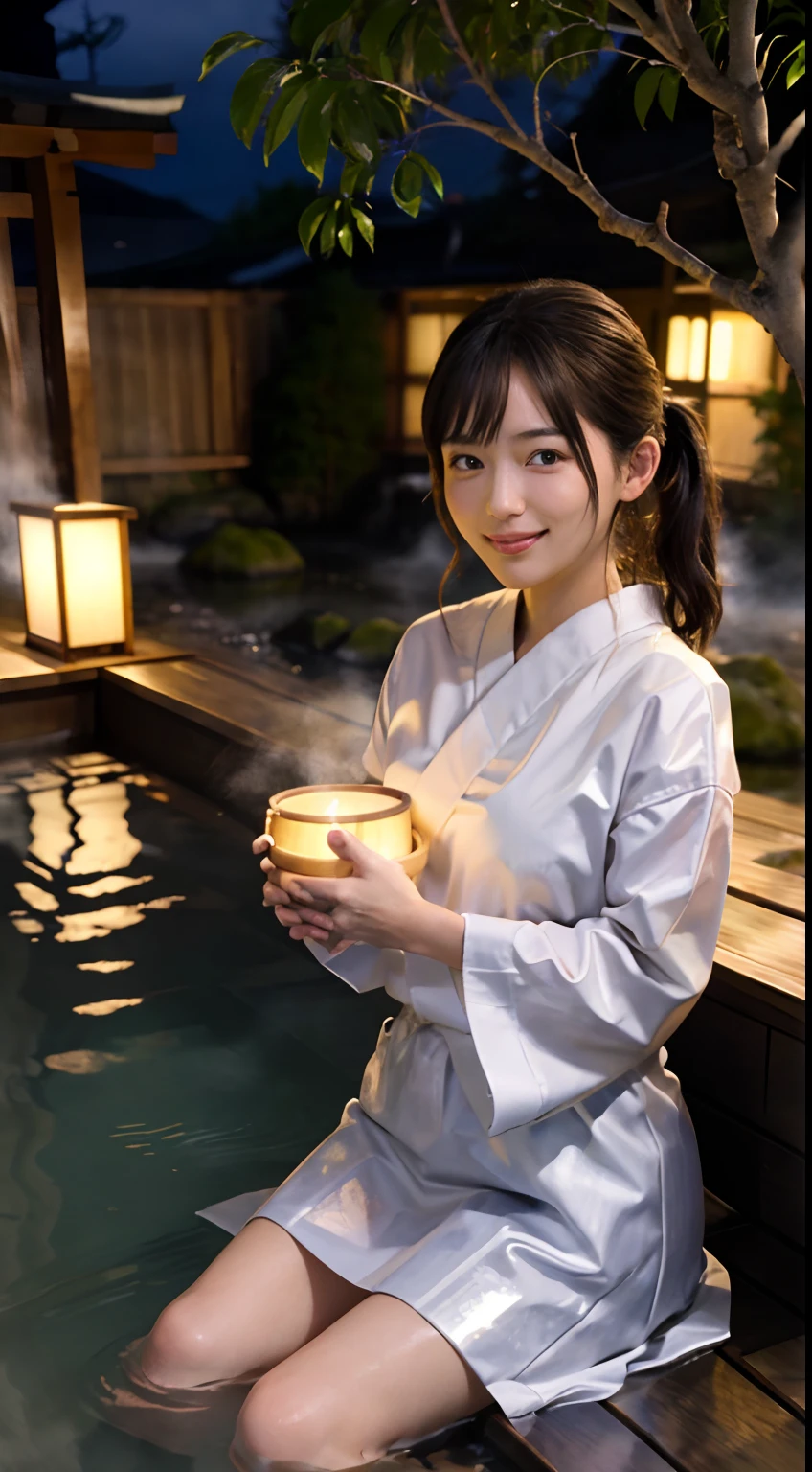 landscape, Japan traditions, 1 Girl's smile,  Take a bath at Hot Japan Hot Springs, zori, A glimmer of light, detail, realisitic, ((masutepiece)), hot steam, Wooden bucket, the woods, Bamboo, At night, You can soak in the hot springs, Disgusting expressions, Dip your hands in the thermal waters,