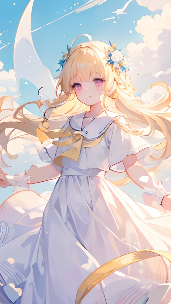 Light yellow hair,A braid,Pink eyes,teens girl,the sky background,White dress long dress,Float high in the air,On the blue ocean,cirrocumulus,ssmile,adolable,Garland hair ornaments,exquisite lighting and shadows,Maritime background,a white long skirt,ssmile