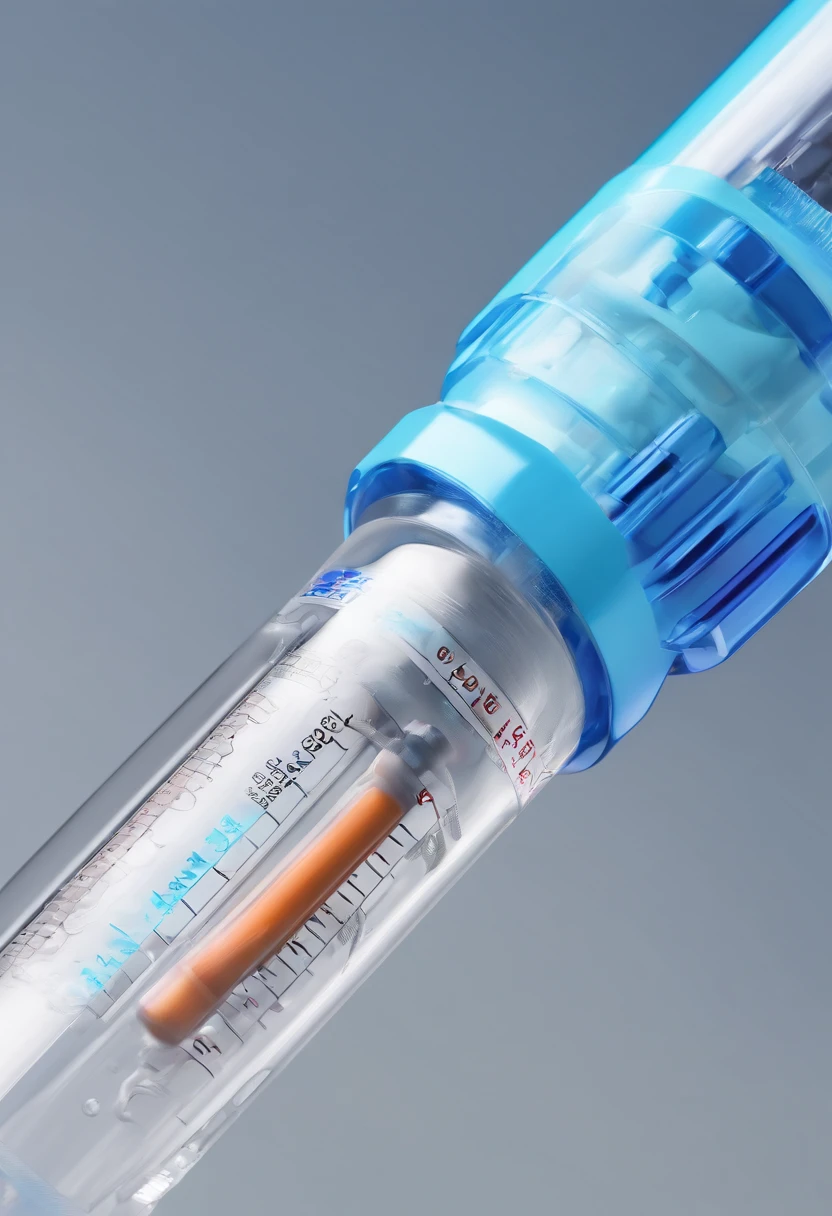 A hyperrealistic syringe artwork: (best quality,4k,8k,highres,masterpiece:1.2),ultra-detailed,(realistic,photorealistic,photo-realistic:1.37),sharp focus,physically-based rendering,professional,vivid colors,bokeh,modern,medical tool,mixed media, intense reflections, glossy surface, intricate texture, glimmering highlights, metallic, precision, medical-grade plastic, intricate needle, detailed fluid chamber, accurate markings, clinical, sterile environment, pharmaceutical, life-saving equipment, vital medical practice, essential injection, close-up view, perspective, clinical lighting, vivid blue hue.