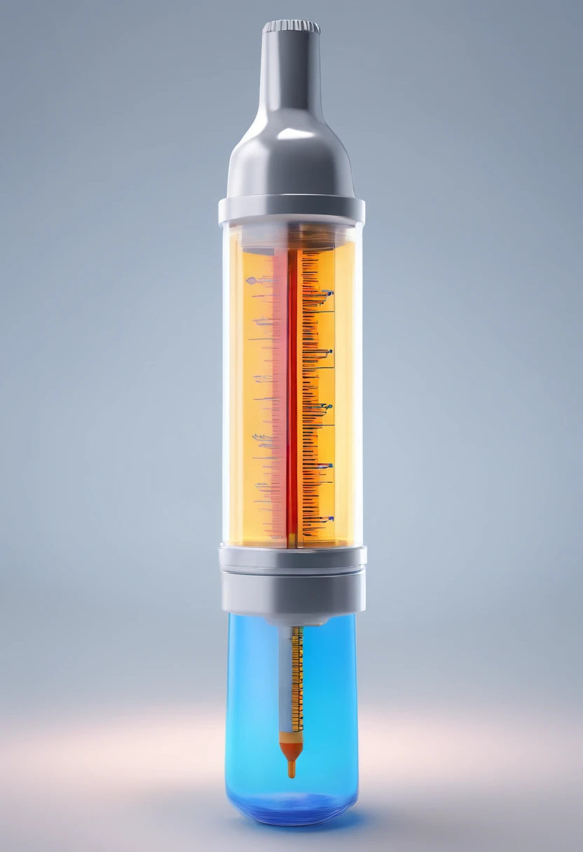 A hyperrealistic syringe artwork: (best quality,4k,8k,highres,masterpiece:1.2),ultra-detailed,(realistic,photorealistic,photo-realistic:1.37),sharp focus,physically-based rendering,professional,vivid colors,bokeh,modern,medical tool,mixed media, intense reflections, glossy surface, intricate texture, glimmering highlights, metallic, precision, medical-grade plastic, intricate needle, detailed fluid chamber, accurate markings, clinical, sterile environment, pharmaceutical, life-saving equipment, vital medical practice, essential injection, close-up view, perspective, clinical lighting, vivid blue hue.