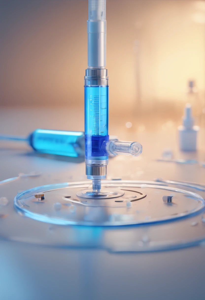 A hyperrealistic syringe artwork: (best quality,4k,8k,highres,masterpiece:1.2),ultra-detailed,(realistic,photorealistic,photo-realistic:1.37),sharp focus,physically-based rendering,professional,vivid colors,bokeh,modern,medical tool,mixed media, intense reflections, glossy surface, intricate texture, glimmering highlights, metallic, precision, medical-grade plastic, intricate needle, detailed fluid chamber, accurate markings, clinical, sterile environment, pharmaceutical, life-saving equipment, vital medical practice, essential injection, close-up view, perspective, clinical lighting, vivid blue hue.