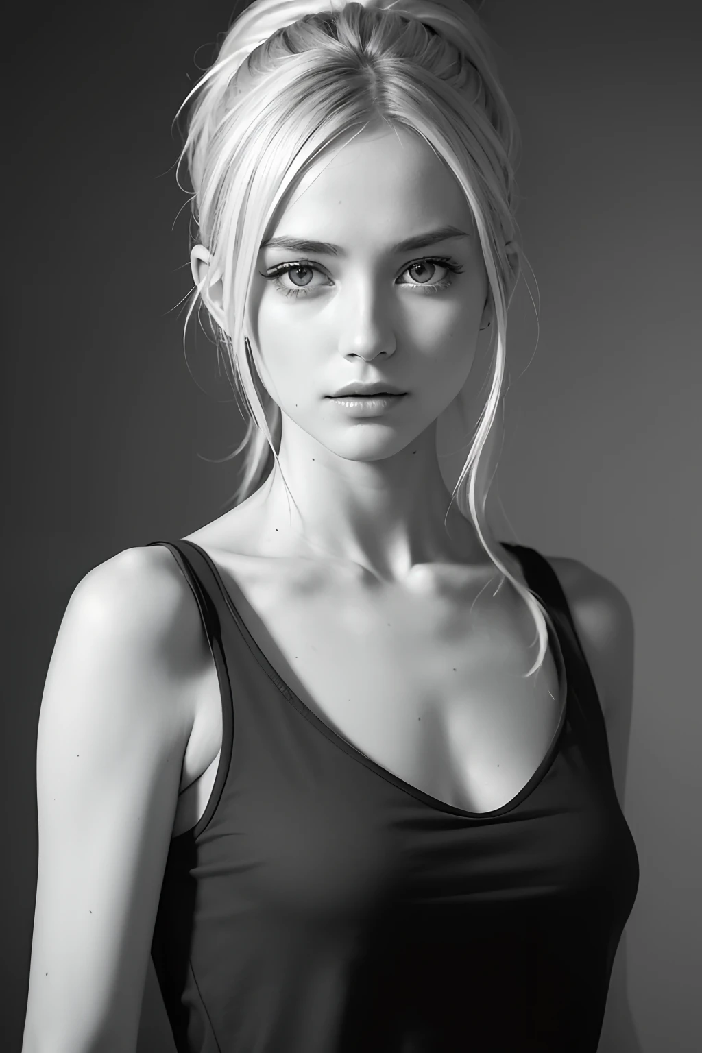 styles, Model Essay Style, RAW photo of blonde girl, ((Monochrome photography)), 1girl in, (Facing the front), The upper part of the body, Detailed clavicle, face perfect, top-quality, ultra-detailliert, film grains, A hyper-realistic, ultra realistic textures, ​masterpiece, highly detailed CG unit 8k wallpaper