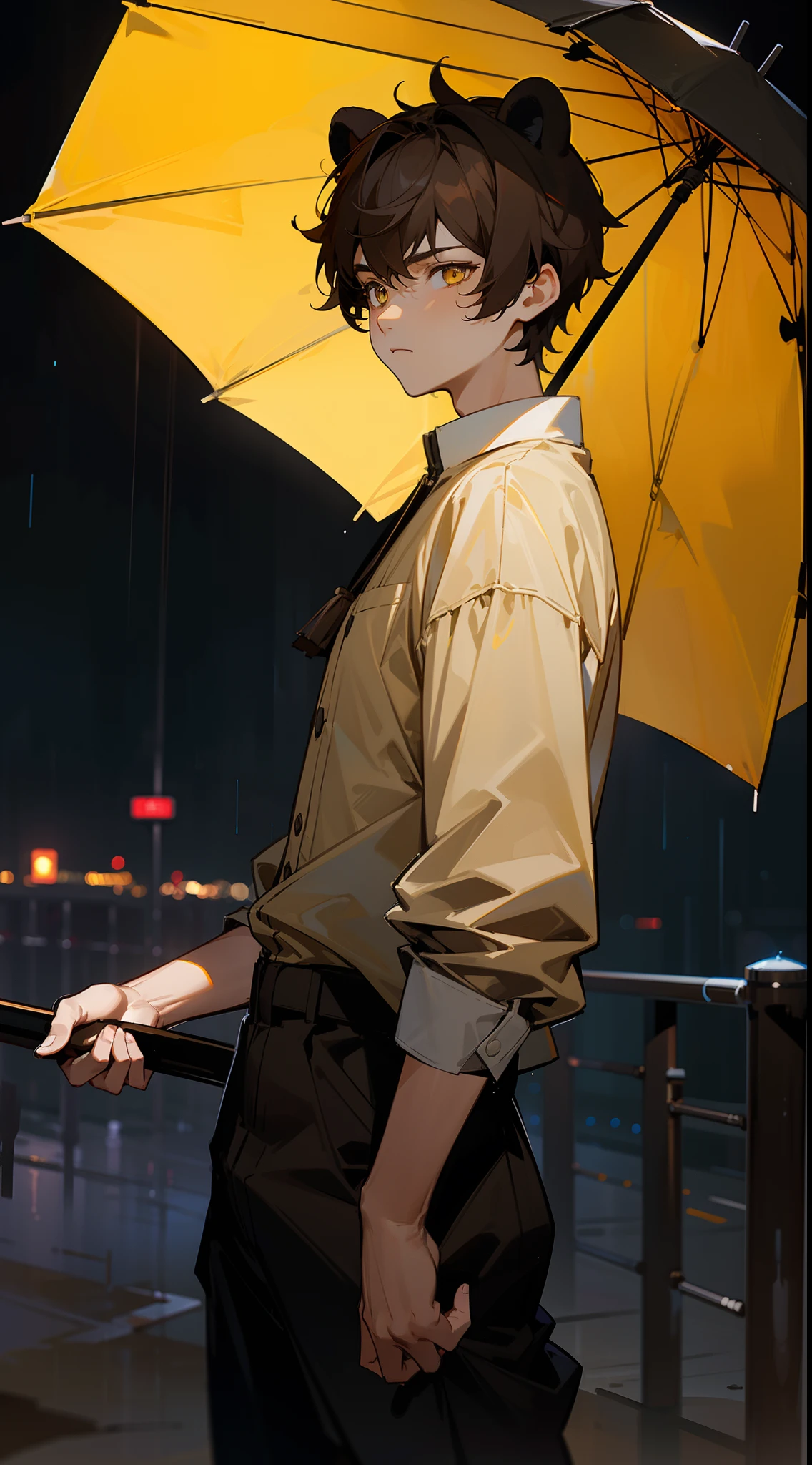 1teen boy,solo,neutral face,medium body,brown shirt,black shots,Short hair,brown hair,yellow eyes,bear ears,(standing in a road in night city),raining,night,cowboy shot,holding a umbrela