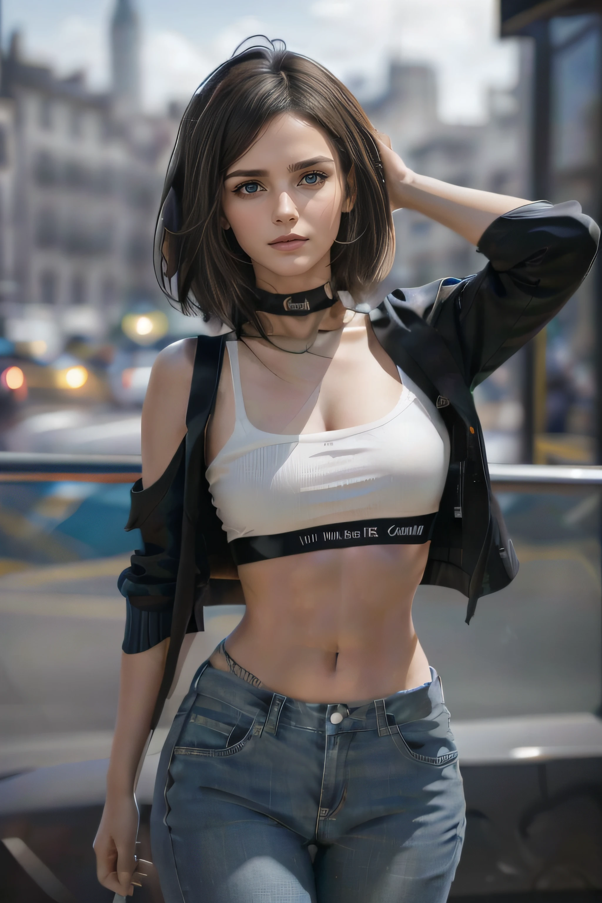 (Best quality, 8k, Masterpiece: 1.3)), Sharp focus: 1.2, beautiful Girl with perfect body: 1.4, Slim abdomen: 1.2, ((Layered Haircut:1)),((Tanned body, Large breasts: 1.3)), (no bra),(Small and beautiful hard nipple) ,((Black Jacket on White T-shirt showing very large breasts)), ((Night, Street: 1.2)), Highly detailed face and skin texture, Detailed eyes, Double eyelid, ((Layered Haircut:1)),((simple necklace on neck)),((sexy breasts))