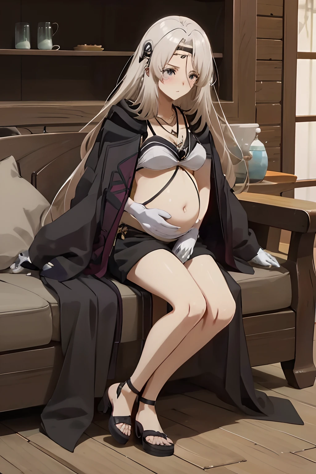 masterpiece, Best quality, 1girl, anime girl, gray robe, tattered edges, white bikini top, black short pants with gold accessories, leg stocking on her right leg from just above the ankle to the middle of her thigh, while her left leg is bare save for two straps, black gloves, jewel-adorned hairband, a necklace with what appears to be a sapphire, Pregnant, (a girl is leaked pee: 1.7), amniotic fluid, blushing, heavy breath, in pain, kneel down, spread kneel, mediaval age road
