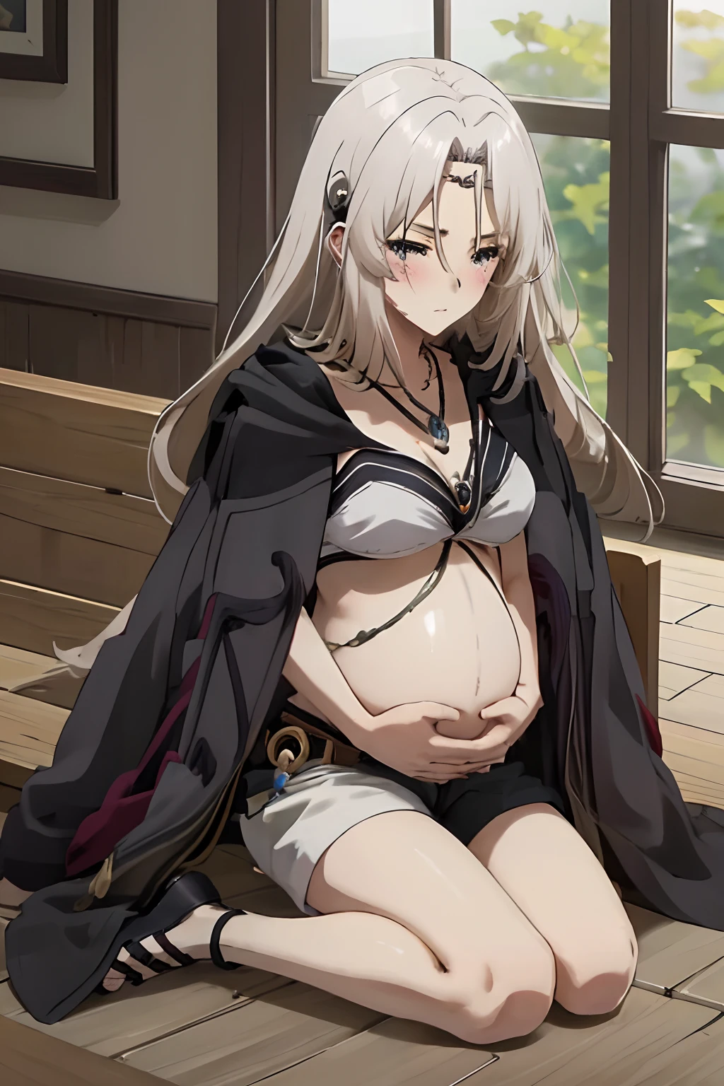 masterpiece, Best quality, 1girl, anime girl, gray robe, tattered edges, white bikini top, black short pants with gold accessories, leg stocking on her right leg from just above the ankle to the middle of her thigh, while her left leg is bare save for two straps, black gloves, jewel-adorned hairband, a necklace with what appears to be a sapphire, Pregnant, (a girl is leaked pee: 1.7), amniotic fluid, blushing, heavy breath, in pain, kneel down, spread kneel, mediaval age road