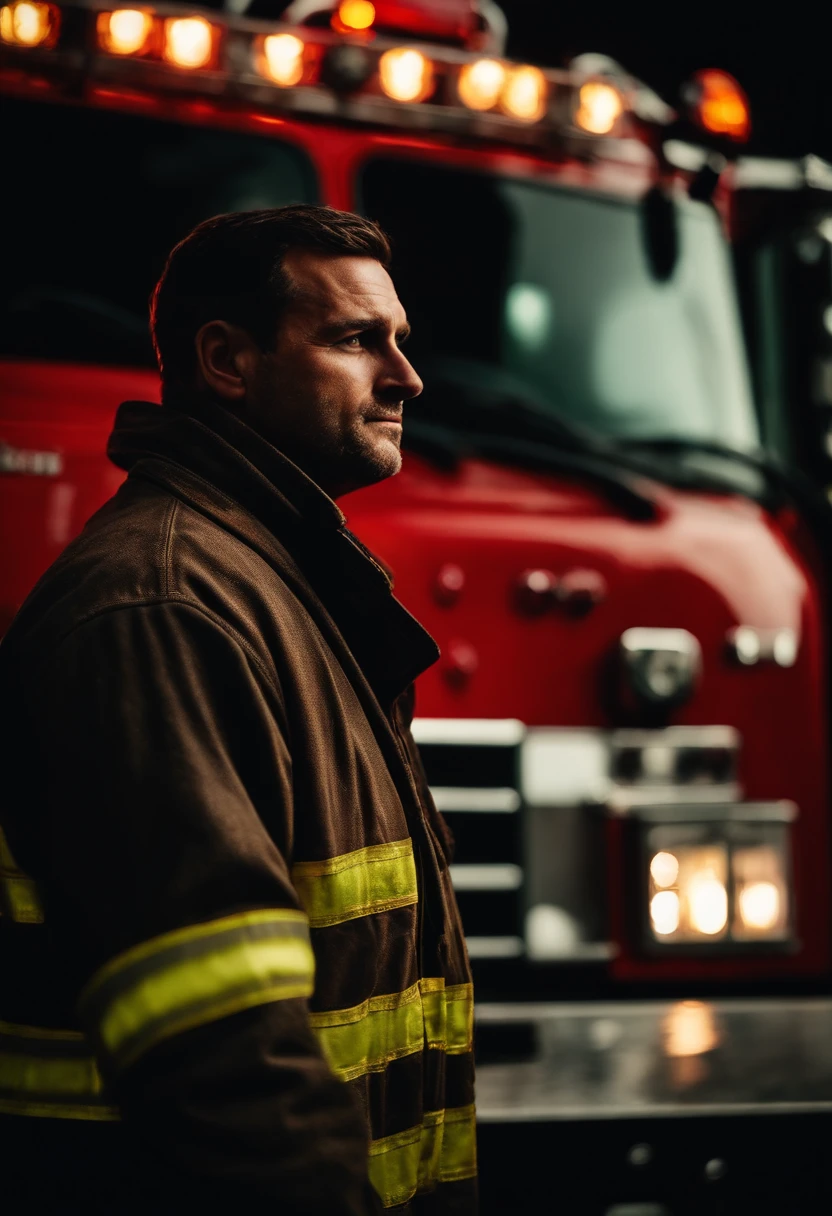 fireman in front of a firetruck .