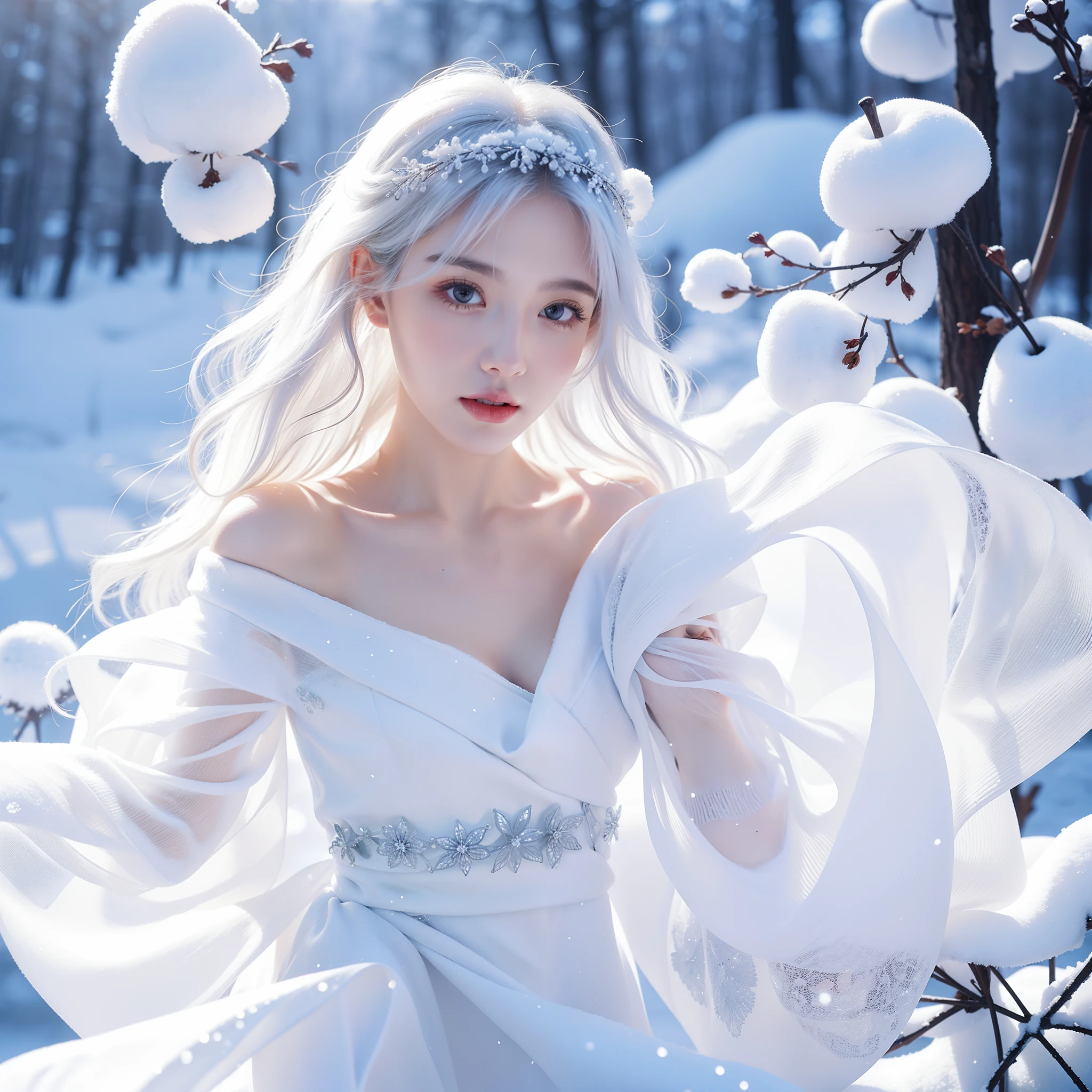 1girll,(Snow,Ice), snowflower, In winter, White hair, Shiny hair, Wavy hair, Transparent clothes, frilld, Lace, Wet clothes, Off_Shoulder, hair scrunchie,Masterpiece, Telephoto lens, absurderes, Exquisite facial features
