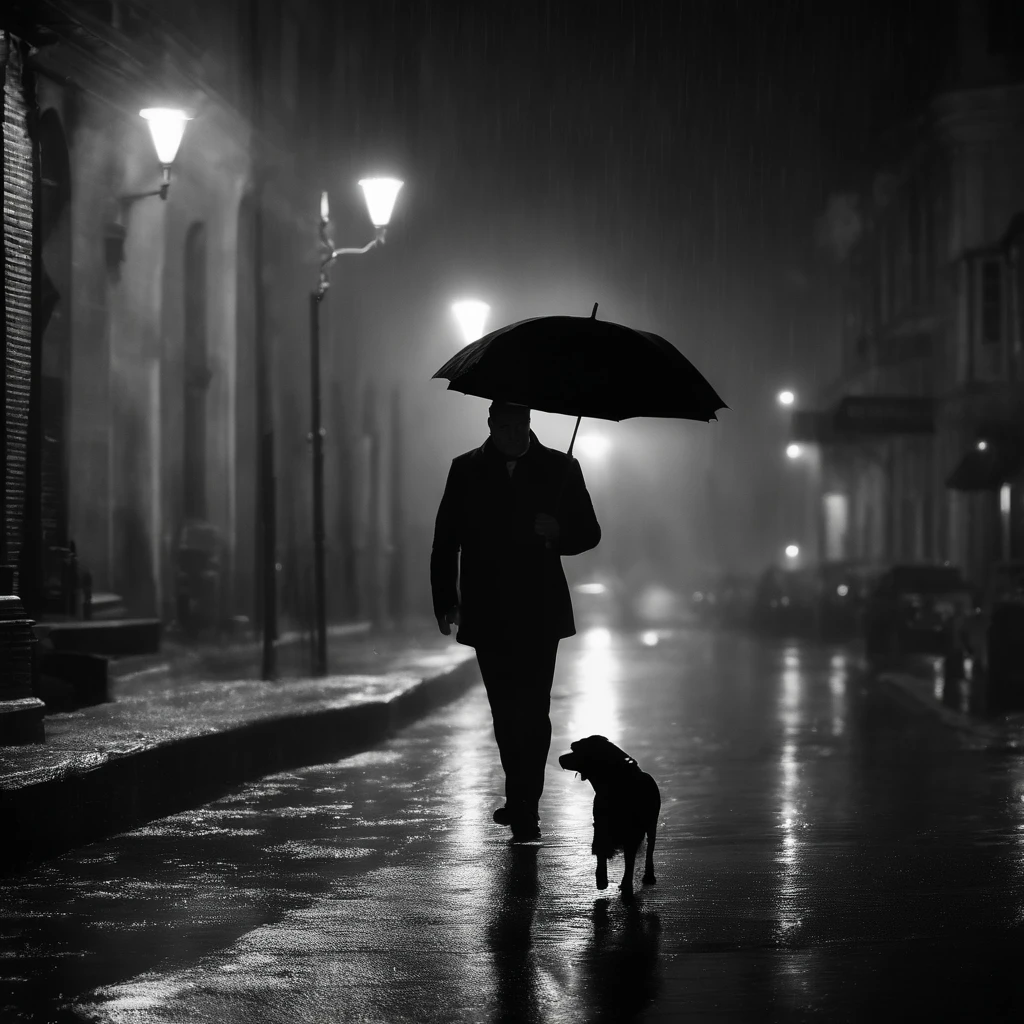 calle de noche, (Estilo cine negro), (acabado realista),Un hombre se para en medio de la calle y sostiene una pistola, it's raining, hay un perro ladrando
