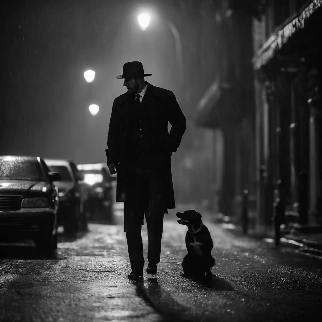 calle de noche, (Estilo cine negro), (acabado realista),Un hombre se para en medio de la calle y sostiene una pistola, it's raining, hay un perro ladrando