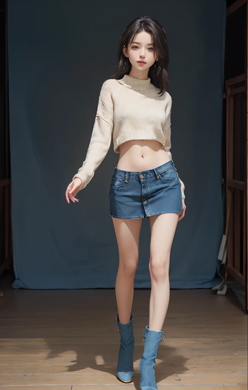 ((masuter piece:1.3)、(8K、Photorealsitic、Raw photography、top-quality: 1.4)、(1girl in)、Beautiful expression、(Lifelike face)、(A dark-haired、long)、 Beautiful hairstyle、realisticeyes、Beautiful details、（real looking skin）、Beautiful skins、absurderes、enticing、超A high resolution、A hyper-realistic、high-detail、the golden ratio、 ((wide open abdomen))、((open abdomen))、((wide open navel))、((open navel))、((Bare belly))、((Mid-Riff Sweater))、((Ultra-low rise、Denim Mini Skirt))、 ((Navel Ejection))、((small hips))、((long limbs))、((Full body depiction))、((small  hip))、(long boots)、((Ultra-low rise))、((Denim Mini Skirt))、((is standing))、
