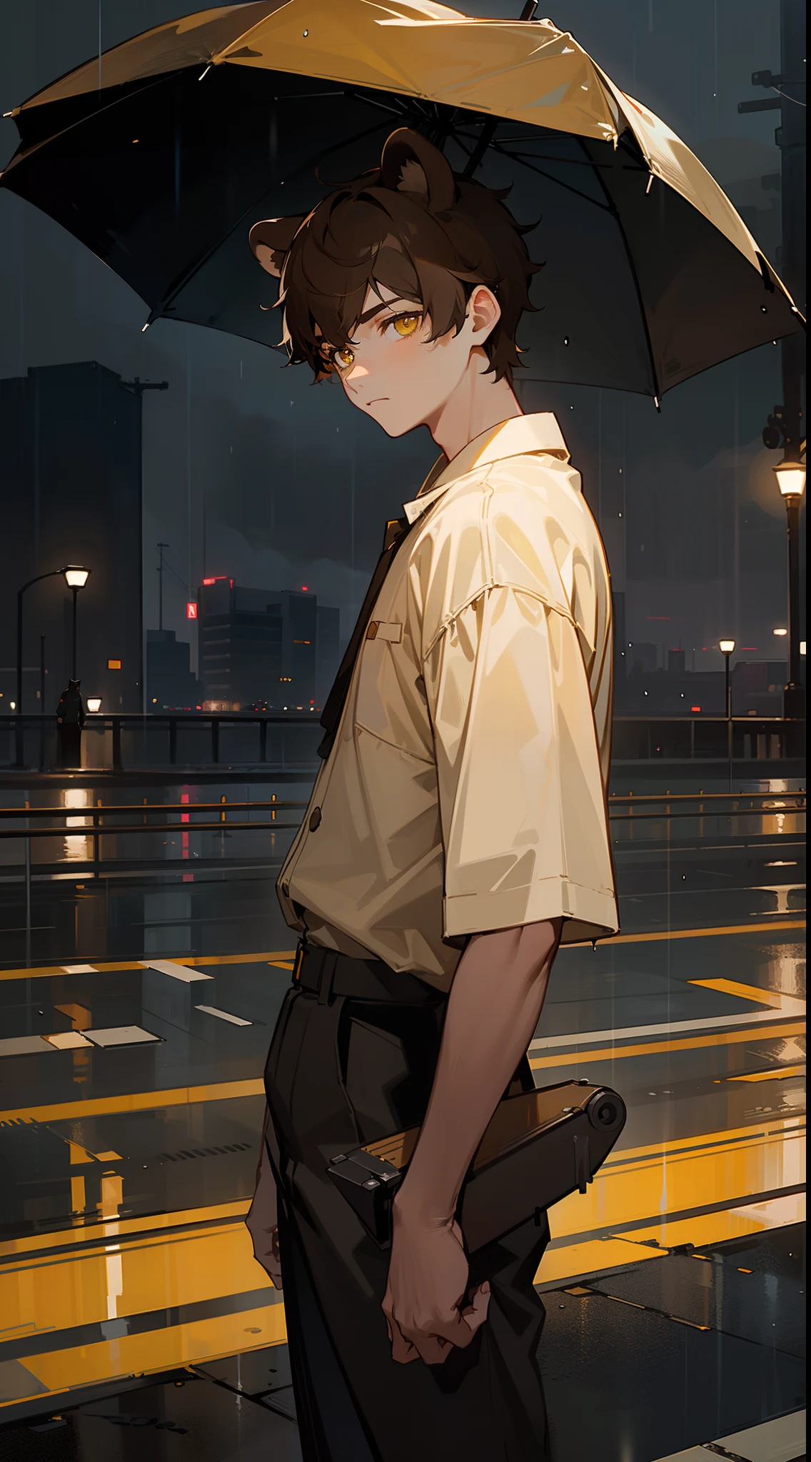1teen boy,solo,neutral face,medium body,brown shirt,black shots,Short hair,brown hair,yellow eyes,bear ears,(standing in a road in night city),raining,night,cowboy shot,holding a umbrela