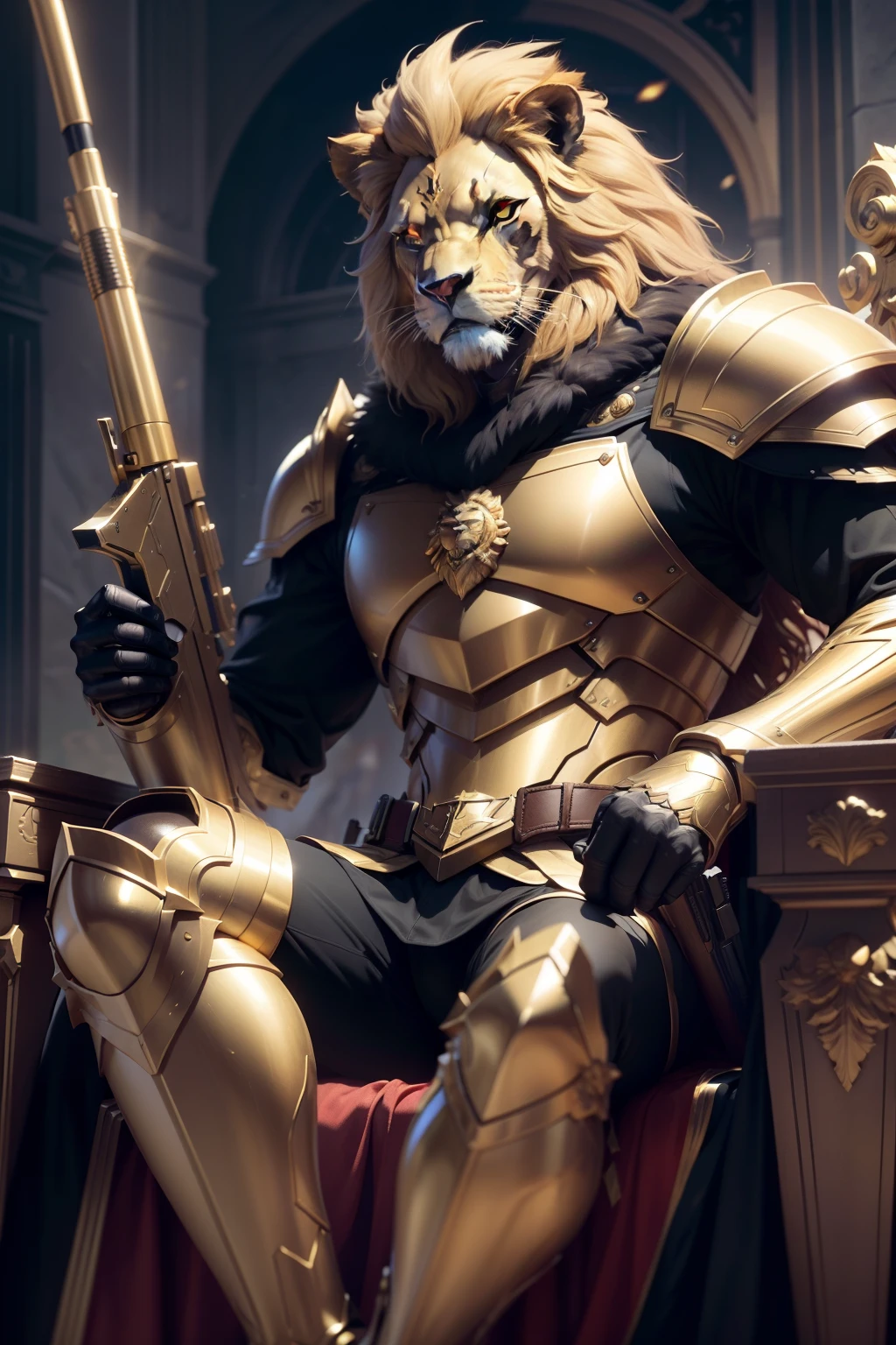 Make a pamphlet with a lion man in golden armor holding a golden sniper rifle on a black and gold colored throne,