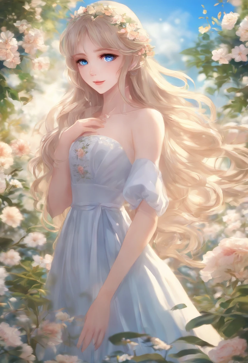 Anime girl with long hair and blue eyes in flower garden, anime goddess, Seductive Anime Girl, Smooth Anime CG Art, Beautiful anime girl, Anime visuals of cute girls、 Beautiful anime, Cute anime waifu in a nice dress, ethereal anime, 1little girl