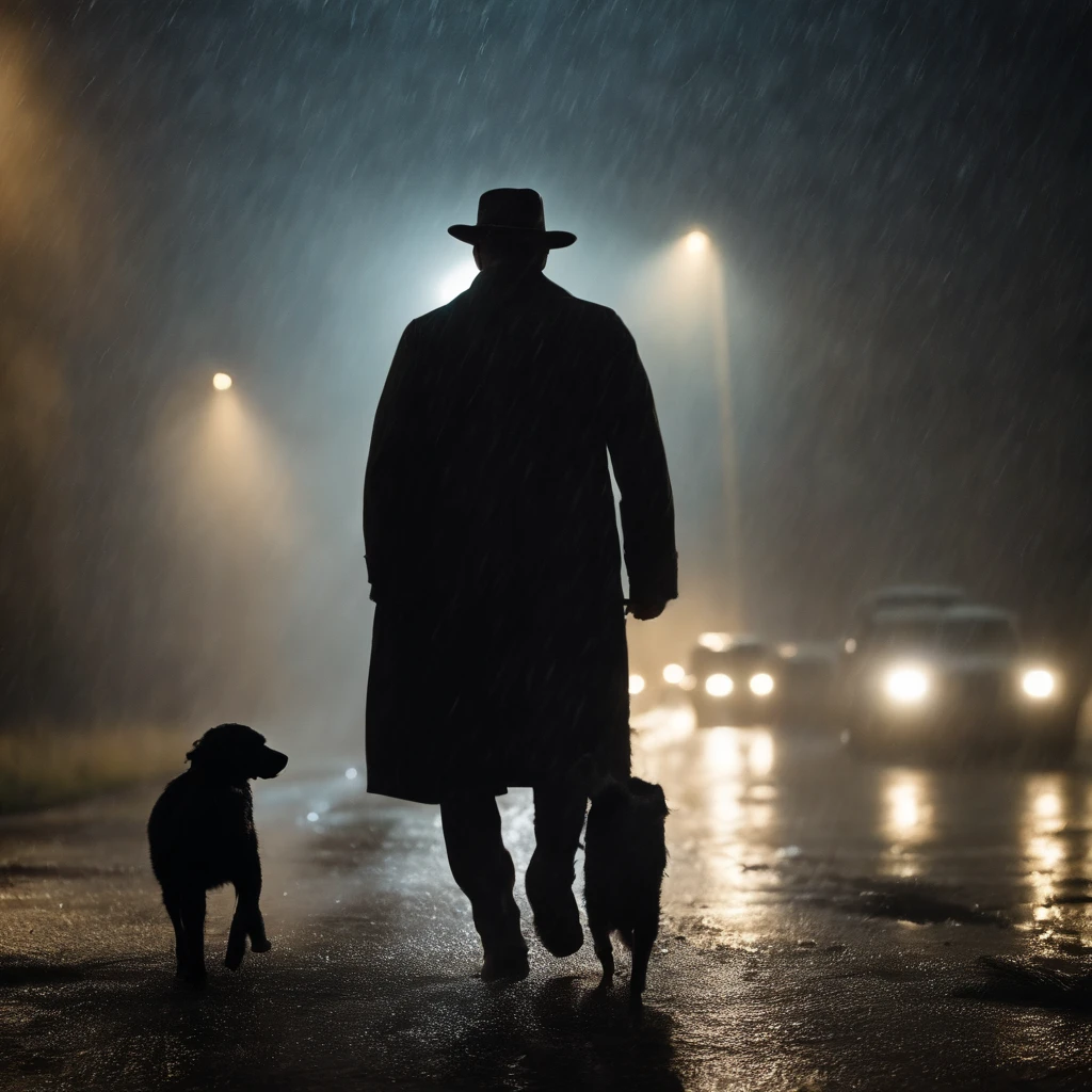 calle de noche, (Estilo cine negro), (acabado realista),Un hombre se para en medio de la calle y sostiene una pistola, it's raining, hay un perro ladrando