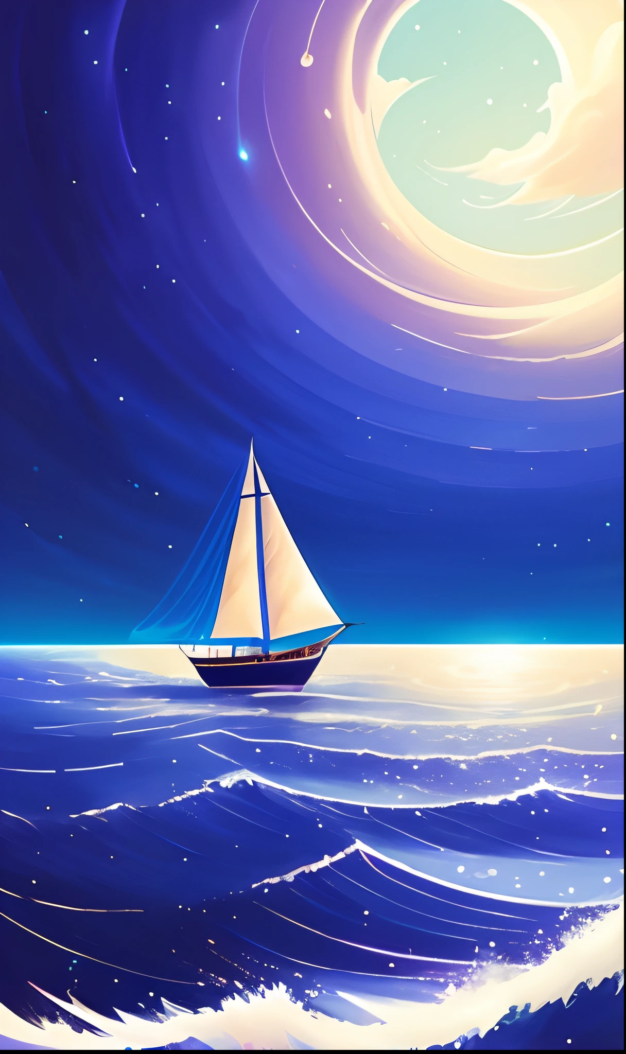 Sailing ship on moonlight background，jen bartel，Inspired by Cyril Rolando，james gilleard artwork，Inspired by Christopher Balaskas，Cyril Rolando and Mw Kaluta，Cyril Rolando and M . . . . Kaluta, dream wave aesthetic