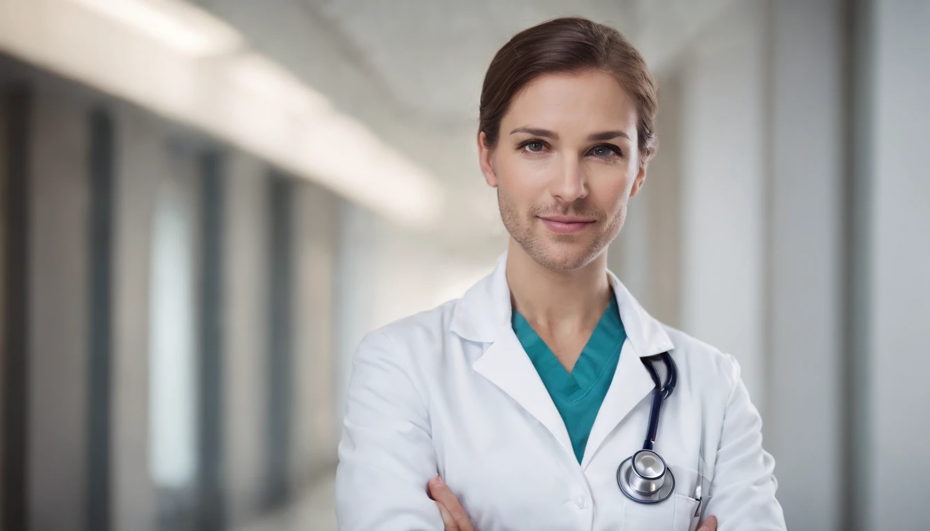 **A doctor in uniform and stethoscope looking at the camera. --v 4: 50** - (quase) --s 2