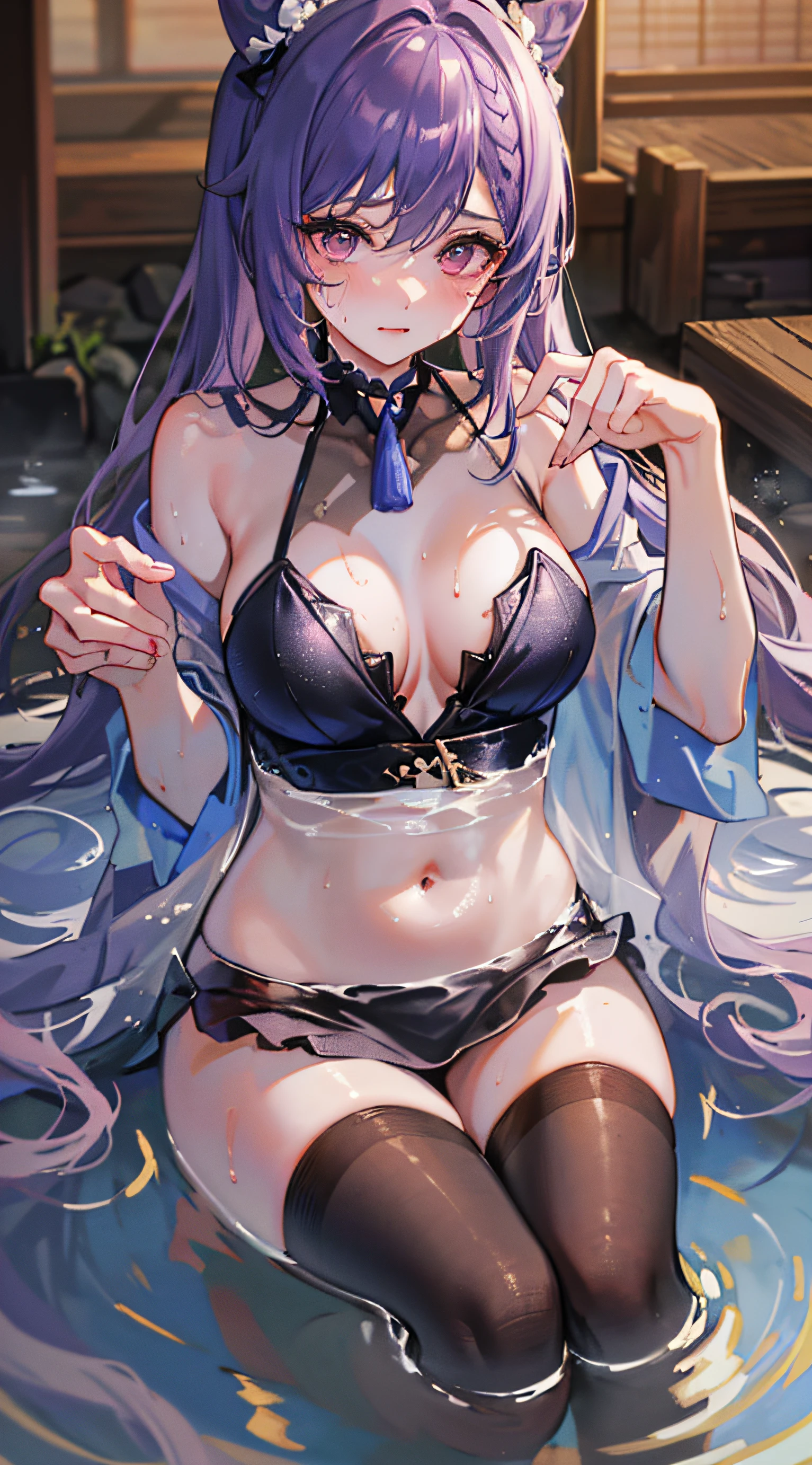 ((beautiful lighting, Best quality, 8K, Masterpiece: 1.3)), 1girl, Perfect body beauty: 1.4, Sweaty + wet skin,((purple hair)), (purple black dress: 1.4), (Over the knee black stockings: 1.5), ((onsen , night: 1.1)), ((Onsen)), (Hot water bath), Soak, Super Fine Face