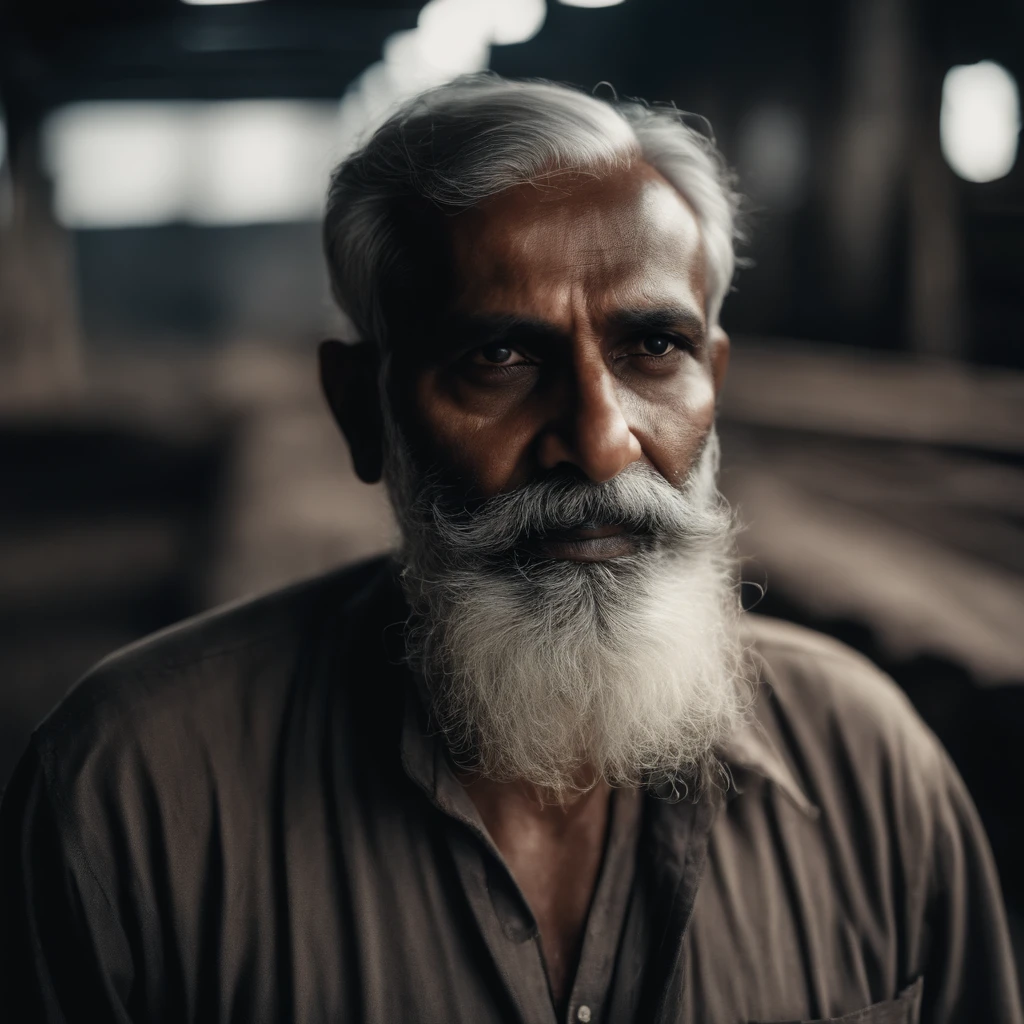 old young indian pale man with grey beard on a factory site, immersive
