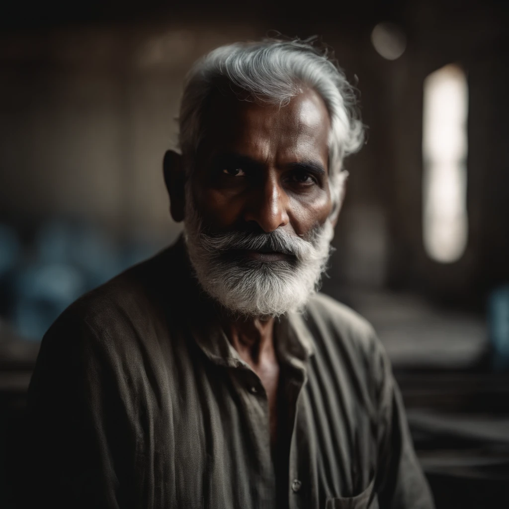 old young indian pale man with grey beard on a factory site, immersive