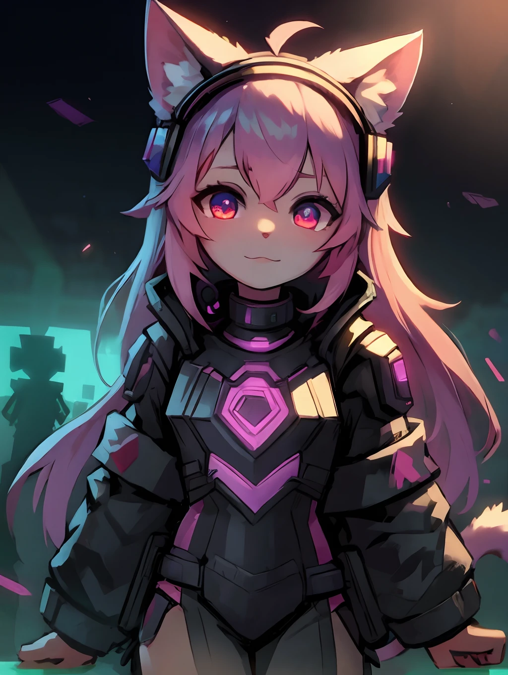 Cyberpunk girl with pink long hair，Q version，（toddlers，Baby）， adolable， cyberpunked， Cat Ear Headphones、Master masterpieces， hight resolution，8K，detailedbackground，hightquality，（（（独奏））），looking at viewert，angle of view，From  above，Dreams，Magical，baiyun，（Warm light source：1.2），Light steppe、Cyberpunk costumes、Cute Cyberpunk Girl