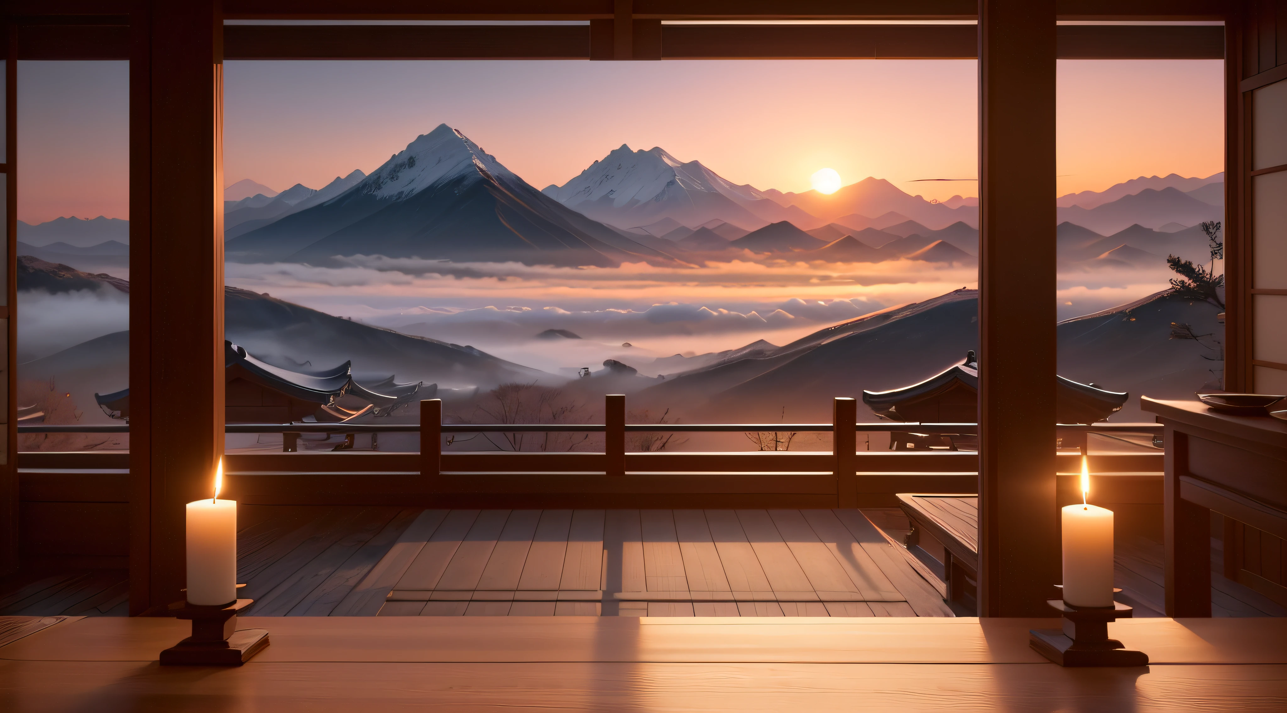 There are several candles on a low table in the middle of the room, and there are traditional Korean hanoks on both sides of the road in front of the house, and you can see the mountains with mist in the distance, beautiful sunset, relaxing concept art, High-end hot springs, anime landscape concept art, 8K resolution digital painting, animation background art